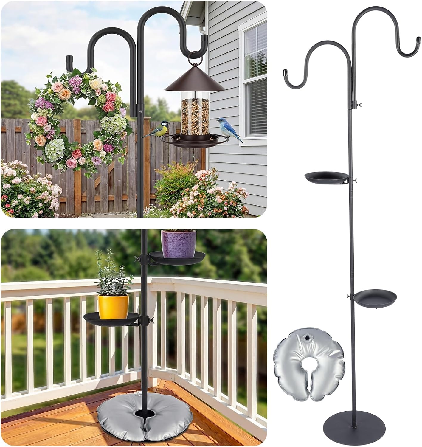 1 Set Upgraded 75.9" Shepherds Hook for Bird Feeder, Hanging Plant Wind Chime Stand, Metal Adjustable Standing Pole Holder for Indoor Outdoor, with 2 Rack & Weight Bag (Classic 2 Hooks)
