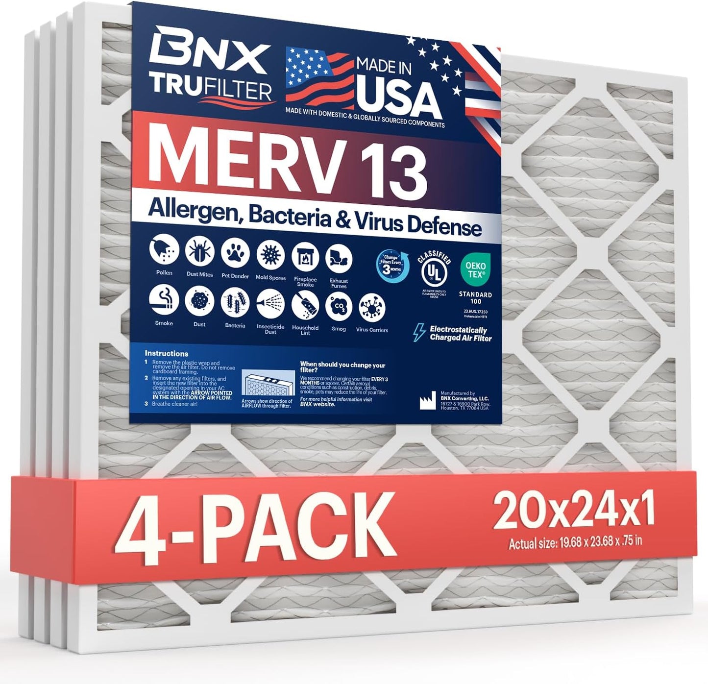 BNX TruFilter 20x20x1 MERV 13 (4-Pack) AC Furnace Air Filter - MADE IN USA - Electrostatic Pleated Air Conditioner HVAC AC Furnace Filters - Removes Pollen, Mold, Bacteria, Smoke