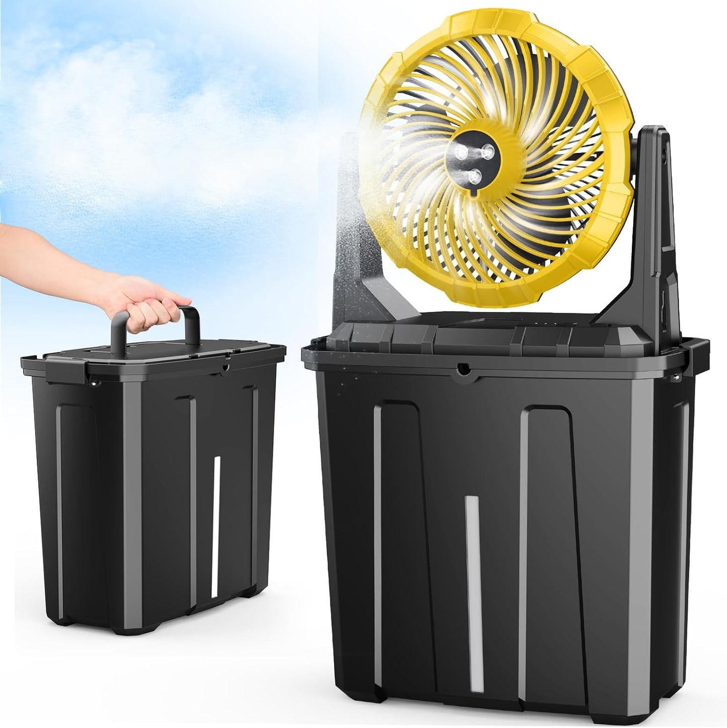 Ausic Portable Misting Fan - 9L Bucket, 10-inch Outdoor Fans for Patios/Camping/Beach/Golf etc., 20000mAh USB Rechargeable Battery Powered Floor Water Cooling Fan, 3 Strong Winds, 3 Spray Mister