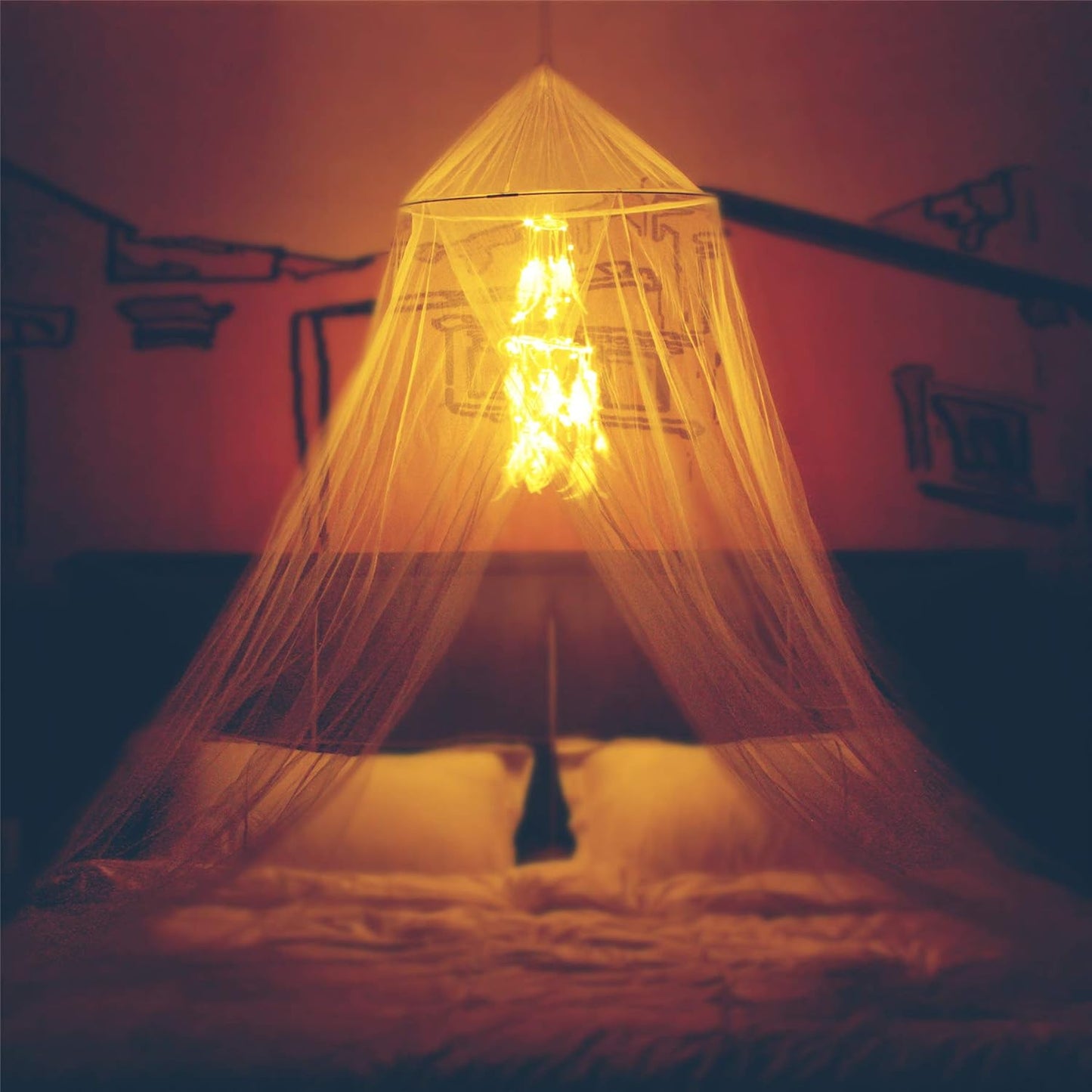 Comtelek Bed Canopy with Lights,Mosquito Net Bed Canopy for Girls Canopy Bed Curtains Full Queen Size from Ceiling,Dome Mosquito Netting Bed Tent Twin Girls Princess Canopy King Bed Decor