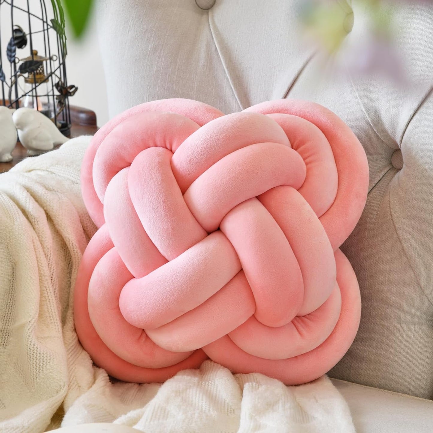 Xuyier Knot Pillow Ball, Decorative Throw Pillows with Velvet Fabric for Couch Bed, 12" Decor Knotted Square Floor Pillow Cushions for Living Room (12 Inches, Beige)