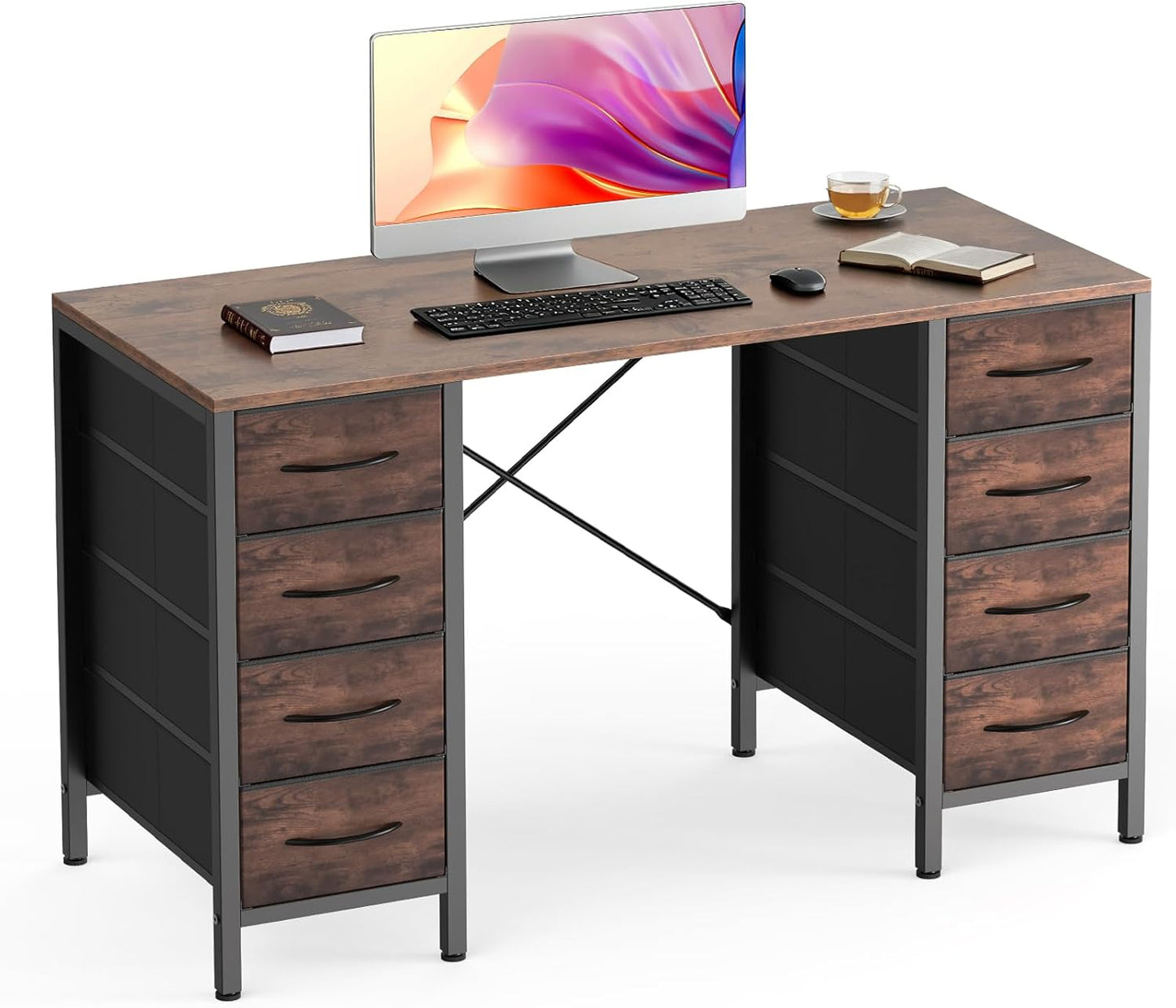 Sweetcrispy Computer Desk with Drawers, 47 Inch Home Office Bedroom Table with 4 Fabric Drawers & 2 Mesh Storage Shelves, Wood Table with X-Shaped Structure for Writing Study PC Desk, Brown