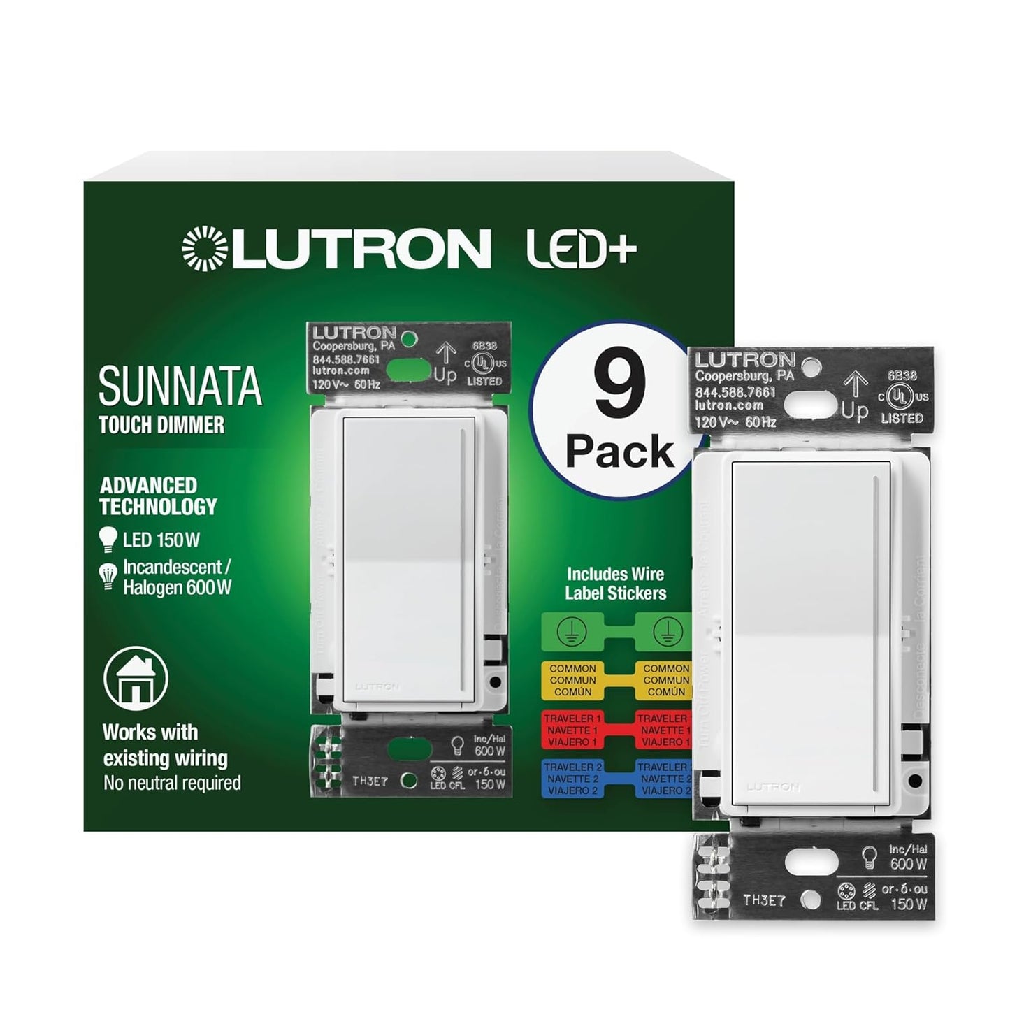 Lutron Sunnata Touch Dimmer Light Switch with Wallplate, LED+ Advanced Technology for LED and Incandescent, 3 Way/Multi Location, STCL-153MW-WH, White
