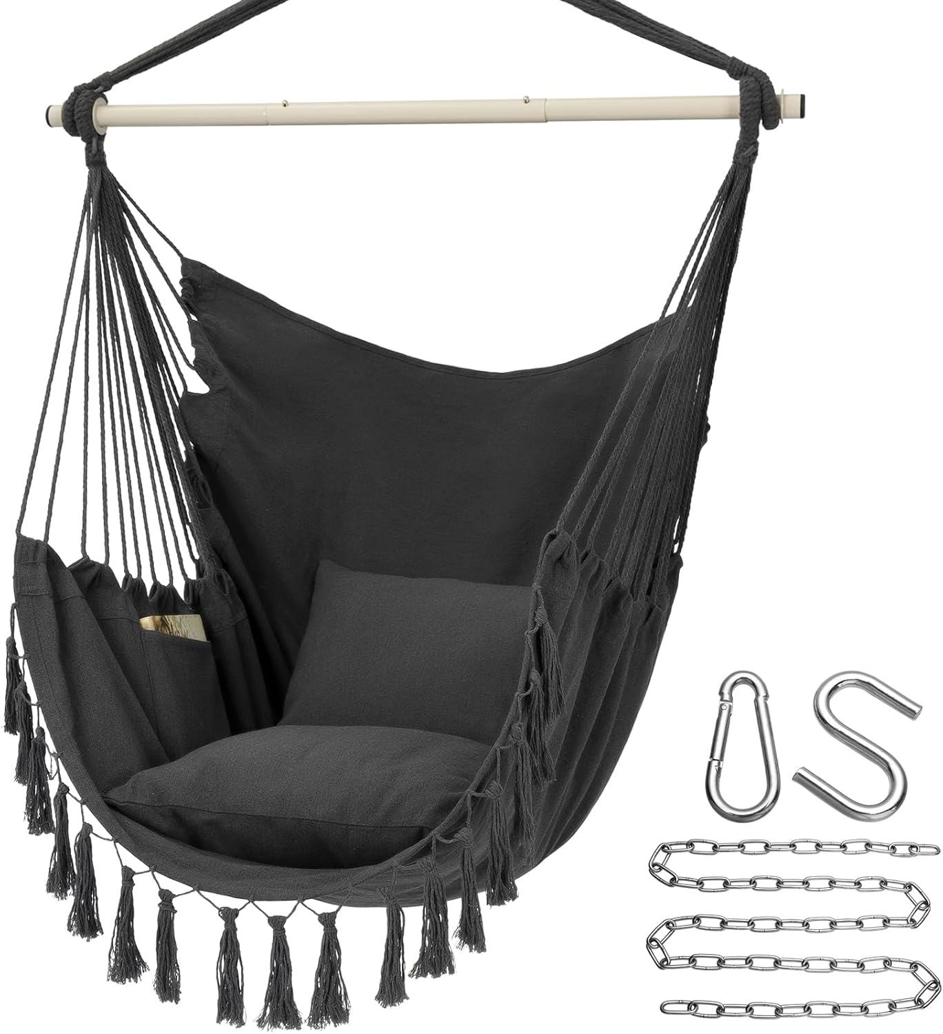 Y- STOP Hammock Chair Hanging Rope Swing Chair, Max 500 Lbs, 2 Seat Cushions Included, Removable Steel Spreader Bar with Anti-Slip Rings, Hardware kit-for Indoor Outdoor(Dark Grey) pcs