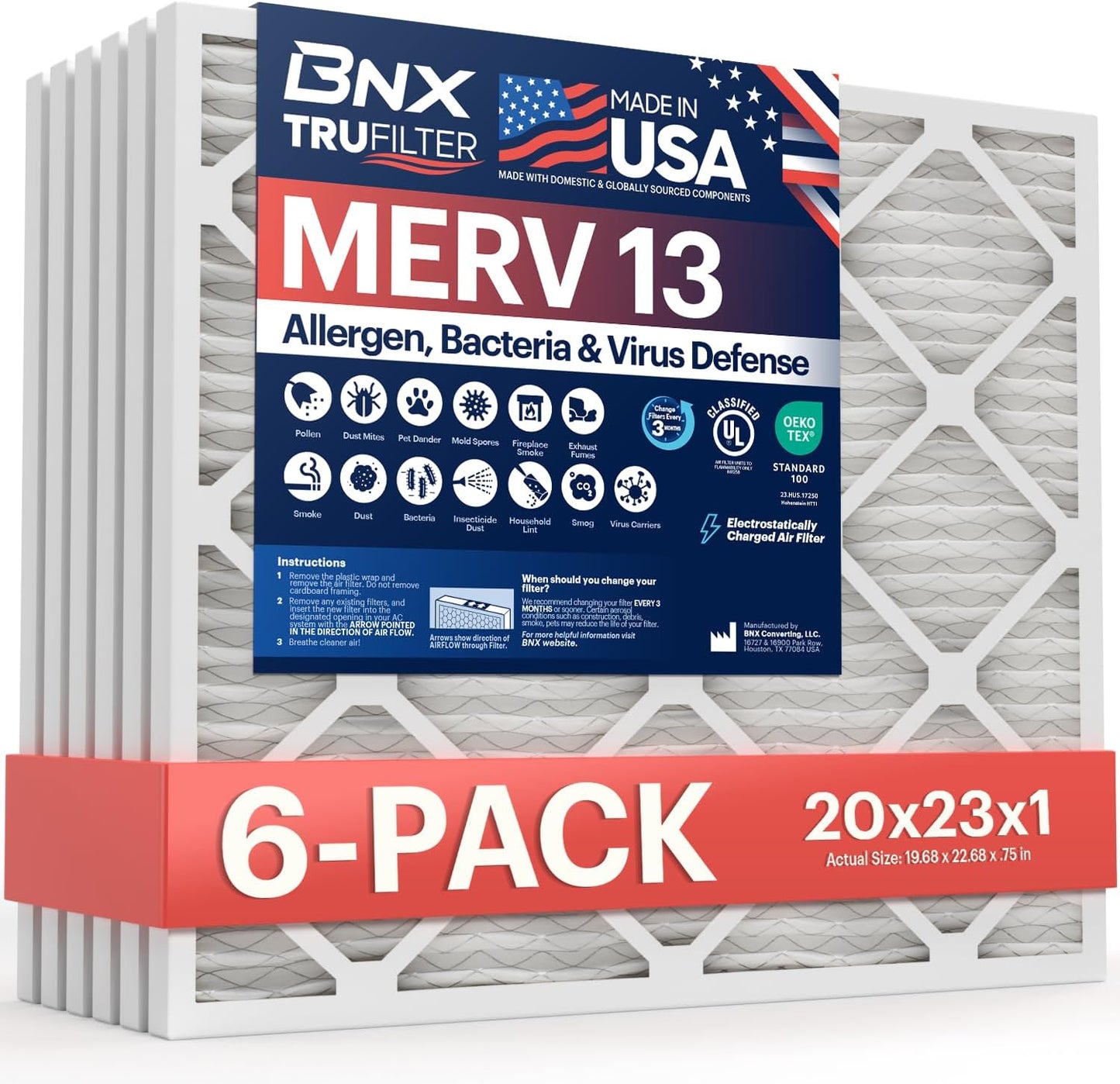 BNX TruFilter 20x20x1 MERV 13 (4-Pack) AC Furnace Air Filter - MADE IN USA - Electrostatic Pleated Air Conditioner HVAC AC Furnace Filters - Removes Pollen, Mold, Bacteria, Smoke