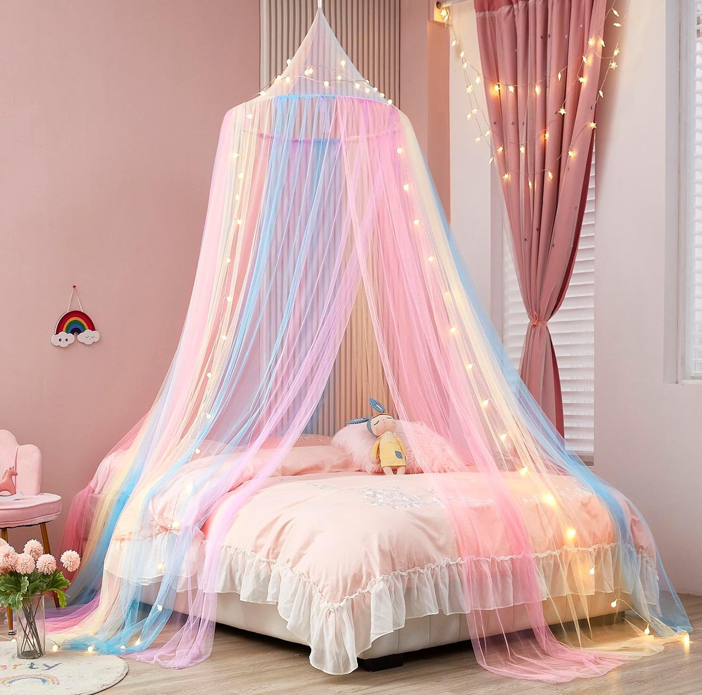 Bed Canopy with Lights for Girls,Gold Star Princess Crib Canopy Curtains,Extra Large Dome Mosquito Net Reading Nook Canopy for Kids Boys Twin Full Queen Size Bed,Fire Retardant Fabric