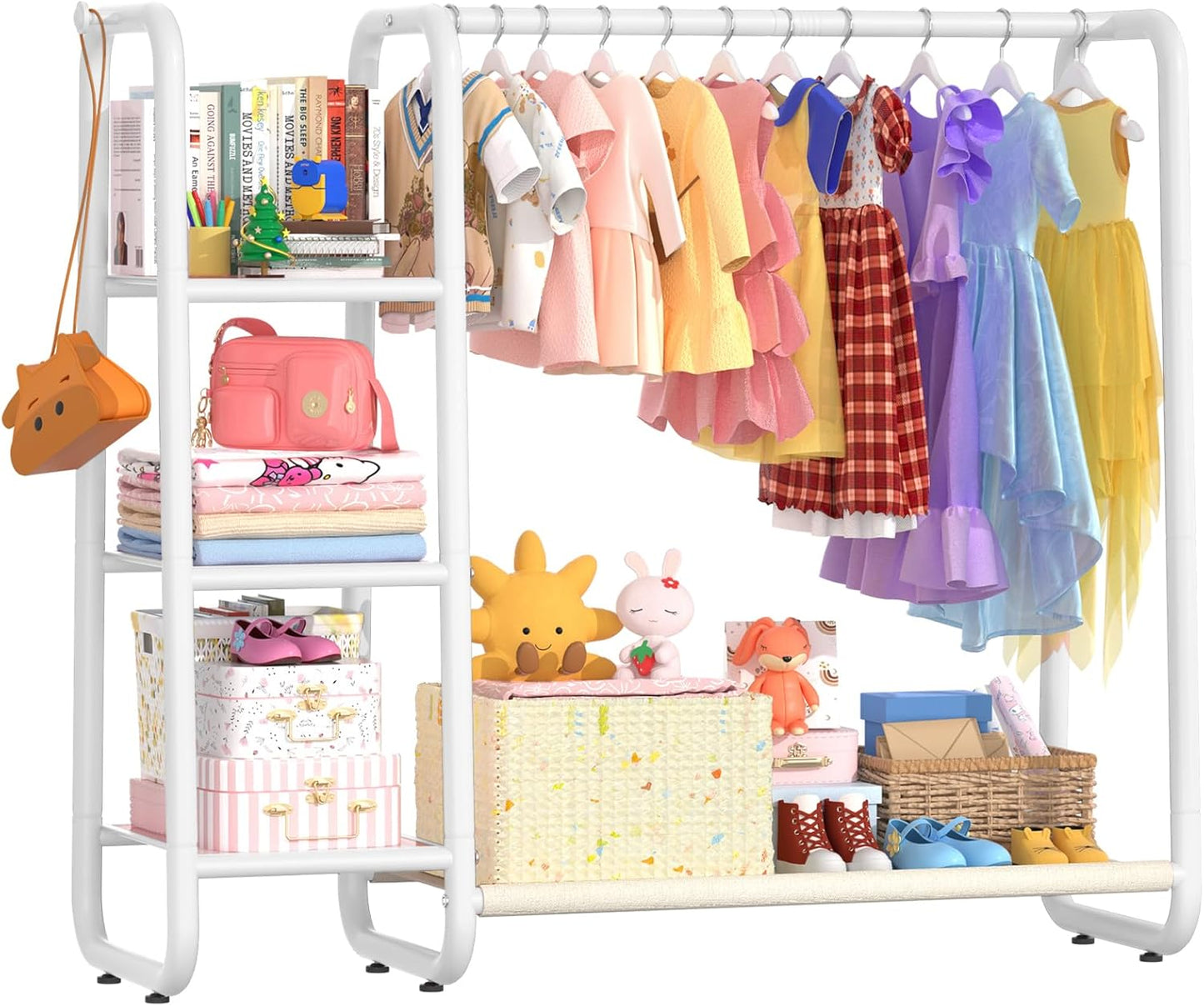 Kids Clothing Rack: Portable Kids Dress up Rack with 4 Storage Shelves & Coat Hook,Sturdy Closet Organizer for Toddler Baby Playroom Bedroom Use(Classic,White)