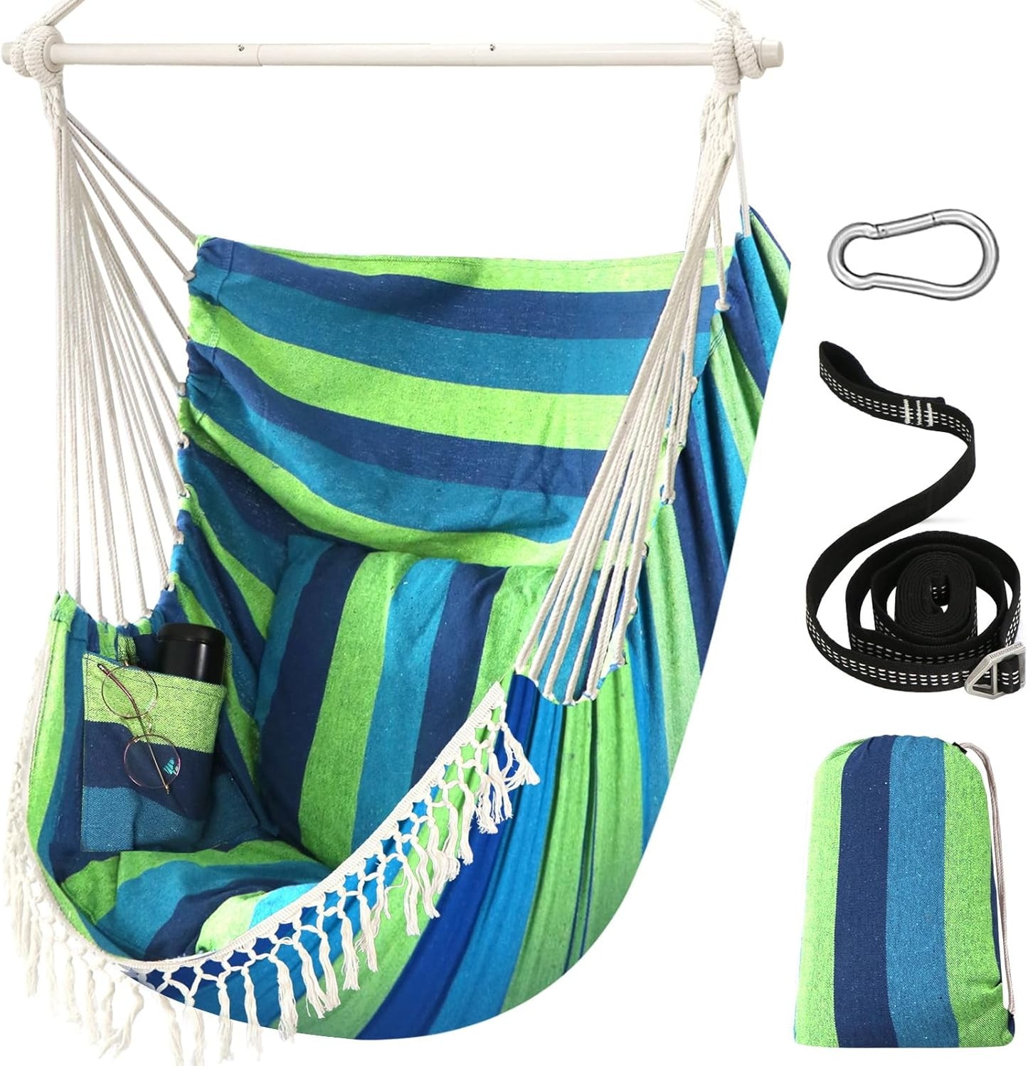 Chihee Hammock Chair Hanging Swing Max 500 Lbs 2 Cushions Included Steel Spreader Bar with Anti-Slip Grooves Portable Hanging Chair Side Pocket Large Macrame Bohemian Chair Indoor Outdoor