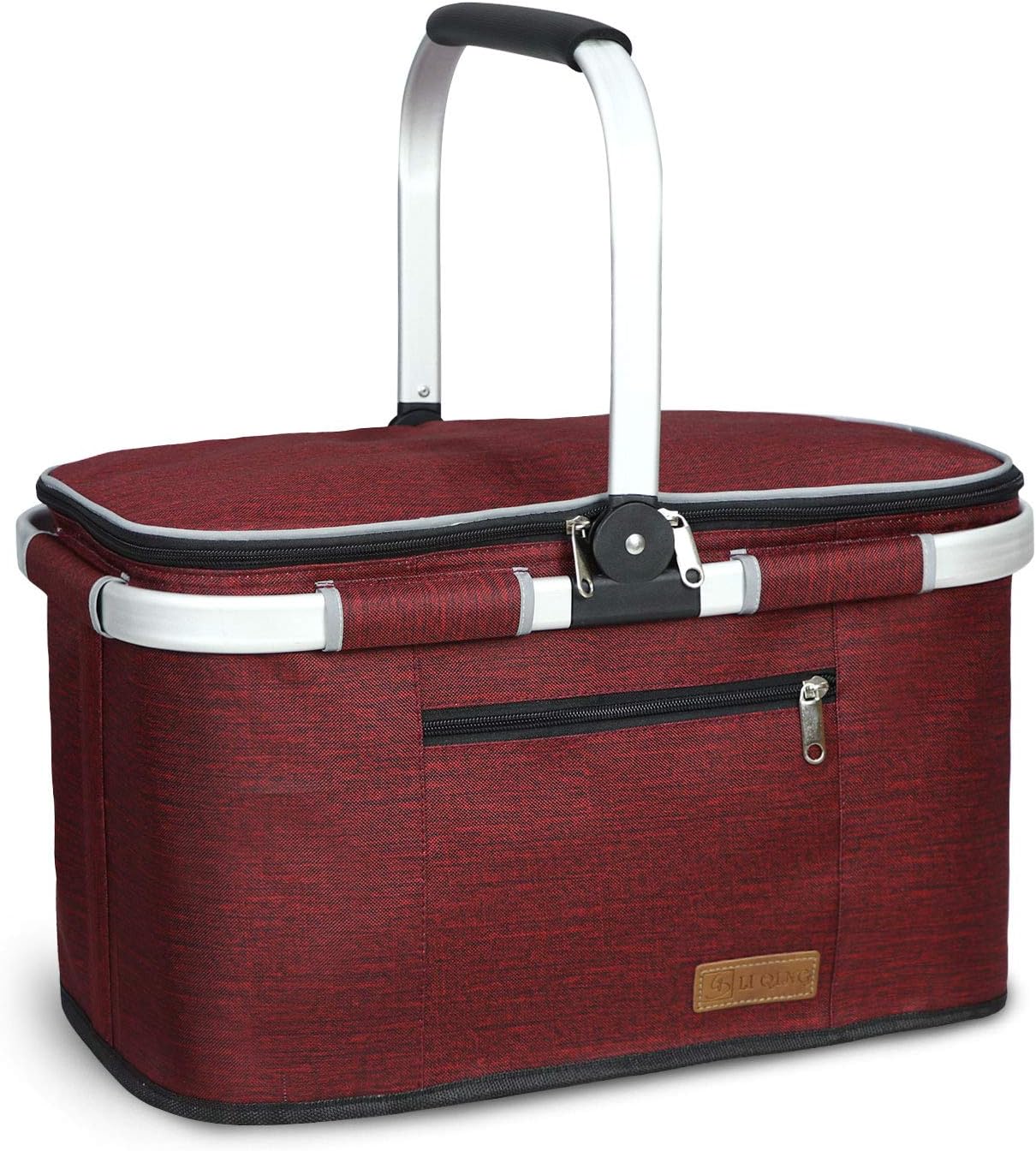 LIQING 35L Large Picnic Basket 2 Layers of Internal Pockets Leak-Proof and Insulated ，Folding with Internal Support for enhansed Stability, Wedding Gifts for Couple(Grey)