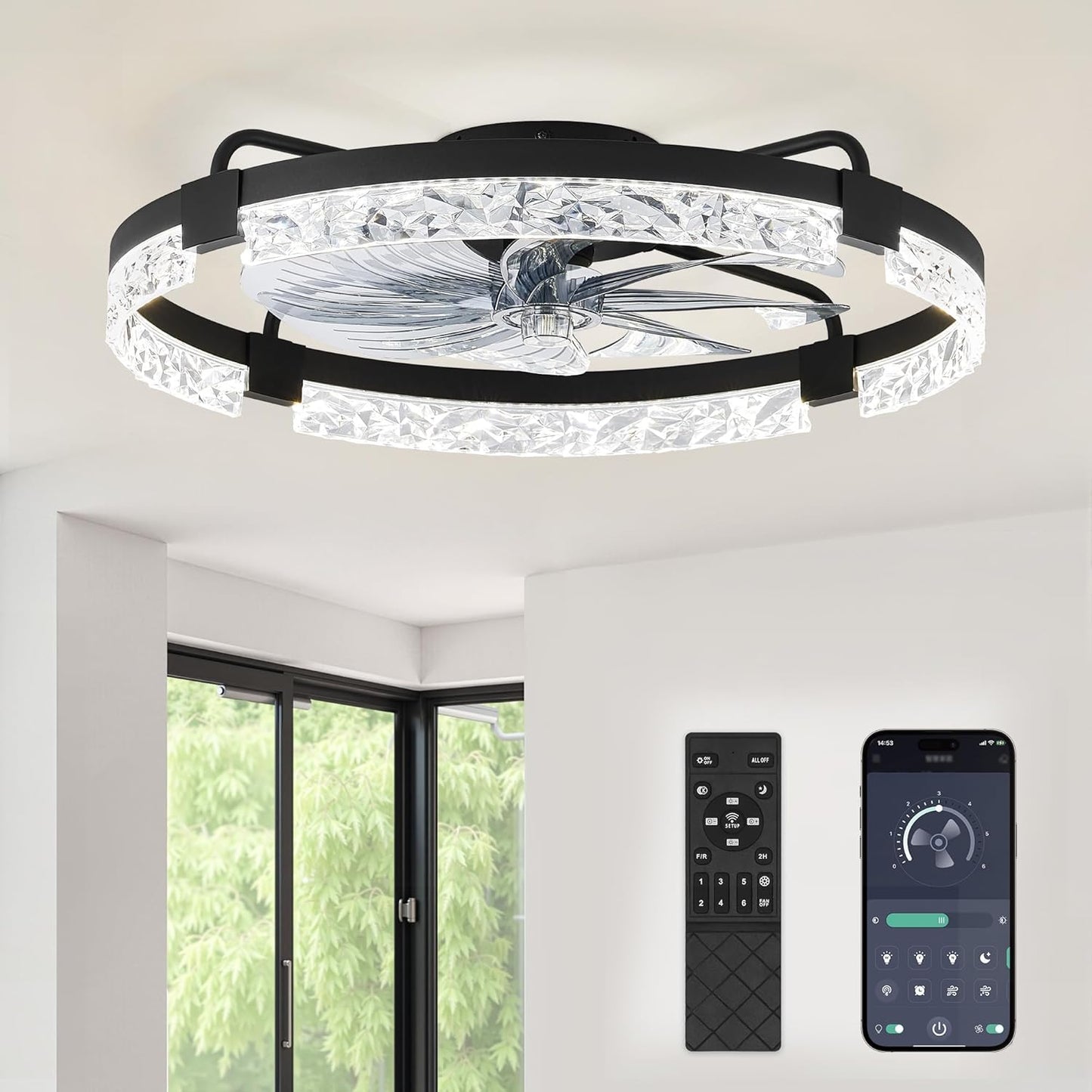 LEDIARY 20 Inch Low Profile Ceiling Fans with Lights and Remote, Fandelier Ceiling Fan Flush Mount, 3000K-6000K Dimmable LED Fan Light, White Modern Ceiling Fans with Lights for Bedroom