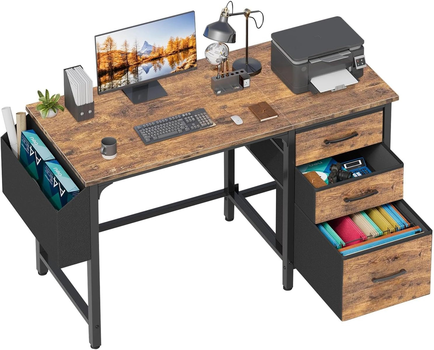 Lufeiya White Desk with File Drawers Cabinet, 47 Inch Reversible Computer Desk with Fabric Filing Cabinet for Bedroom Small Space Home Office, Modern Writing Table PC Desks, White
