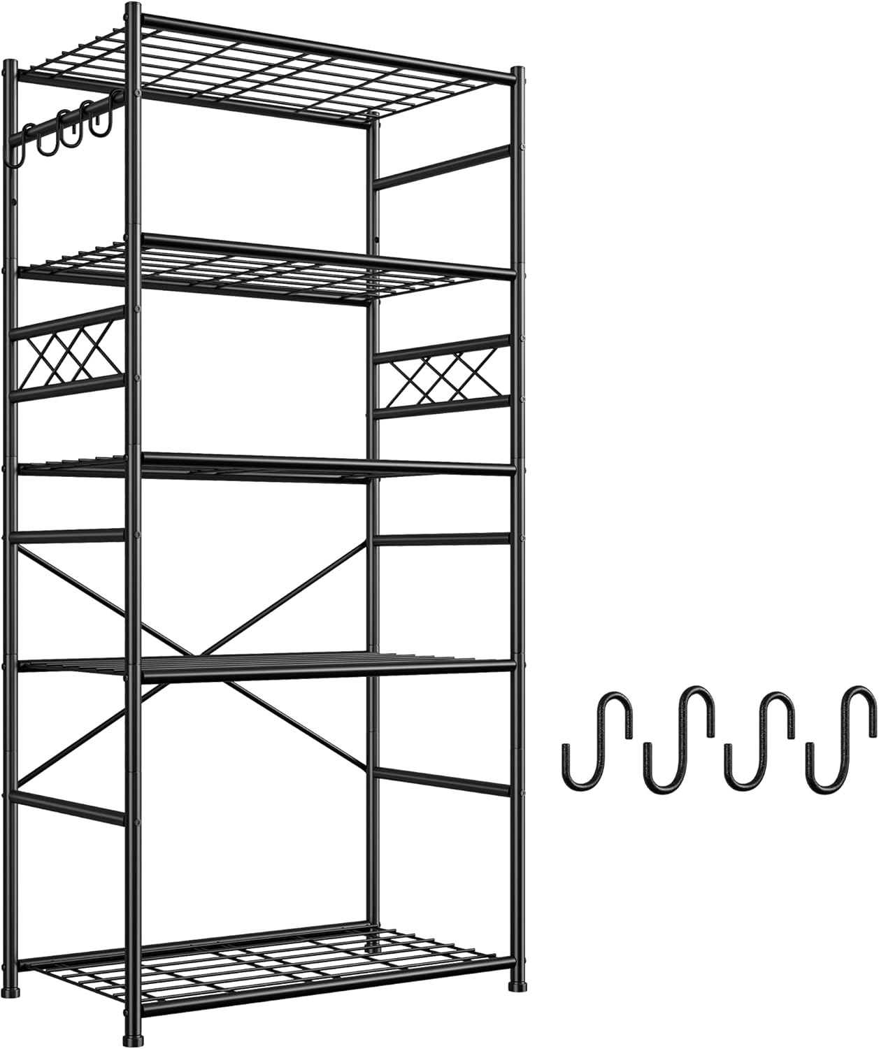 Storage Shelves 5-Tier Large Capacity Wire Shelving with Hooks, Heavy Duty Garage Shelving Unit with Leveling Feet, Stable Metal Shelf for Pantry, Kitchen and Closet, 72" H x 36" W x 12" D, Black