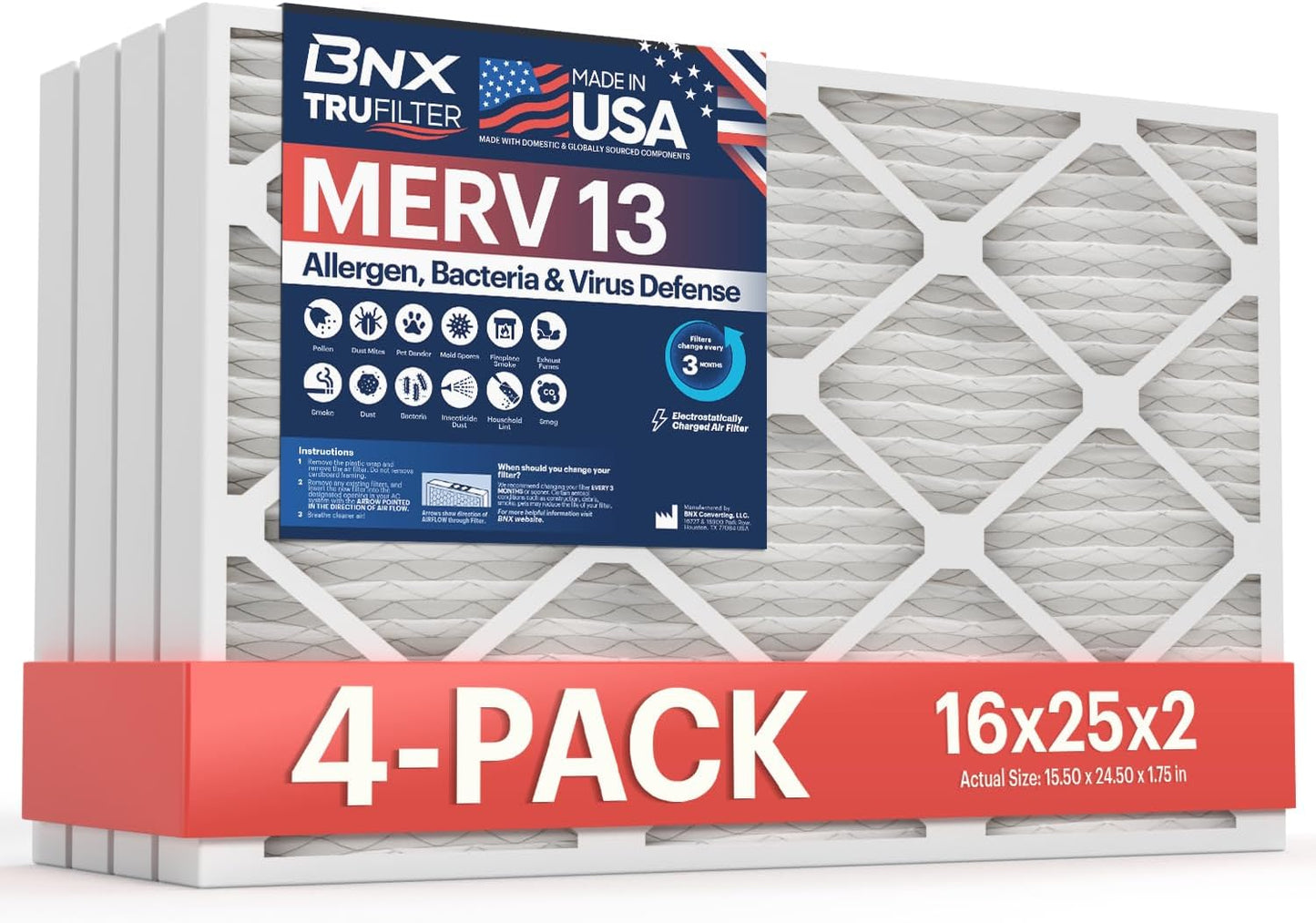 BNX TruFilter 20x20x1 MERV 13 (4-Pack) AC Furnace Air Filter - MADE IN USA - Electrostatic Pleated Air Conditioner HVAC AC Furnace Filters - Removes Pollen, Mold, Bacteria, Smoke