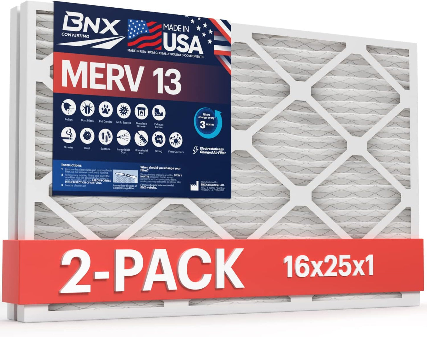 BNX TruFilter 20x20x1 MERV 13 (4-Pack) AC Furnace Air Filter - MADE IN USA - Electrostatic Pleated Air Conditioner HVAC AC Furnace Filters - Removes Pollen, Mold, Bacteria, Smoke