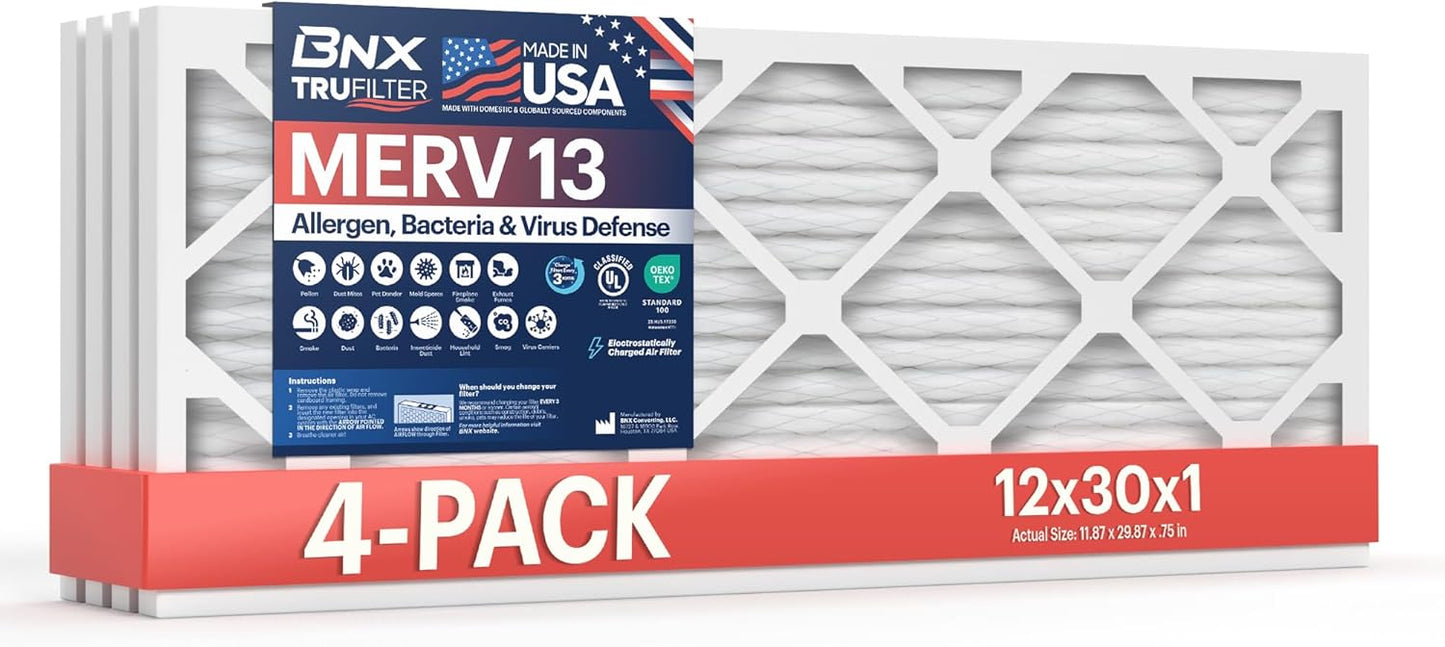 BNX TruFilter 20x20x1 MERV 13 (4-Pack) AC Furnace Air Filter - MADE IN USA - Electrostatic Pleated Air Conditioner HVAC AC Furnace Filters - Removes Pollen, Mold, Bacteria, Smoke