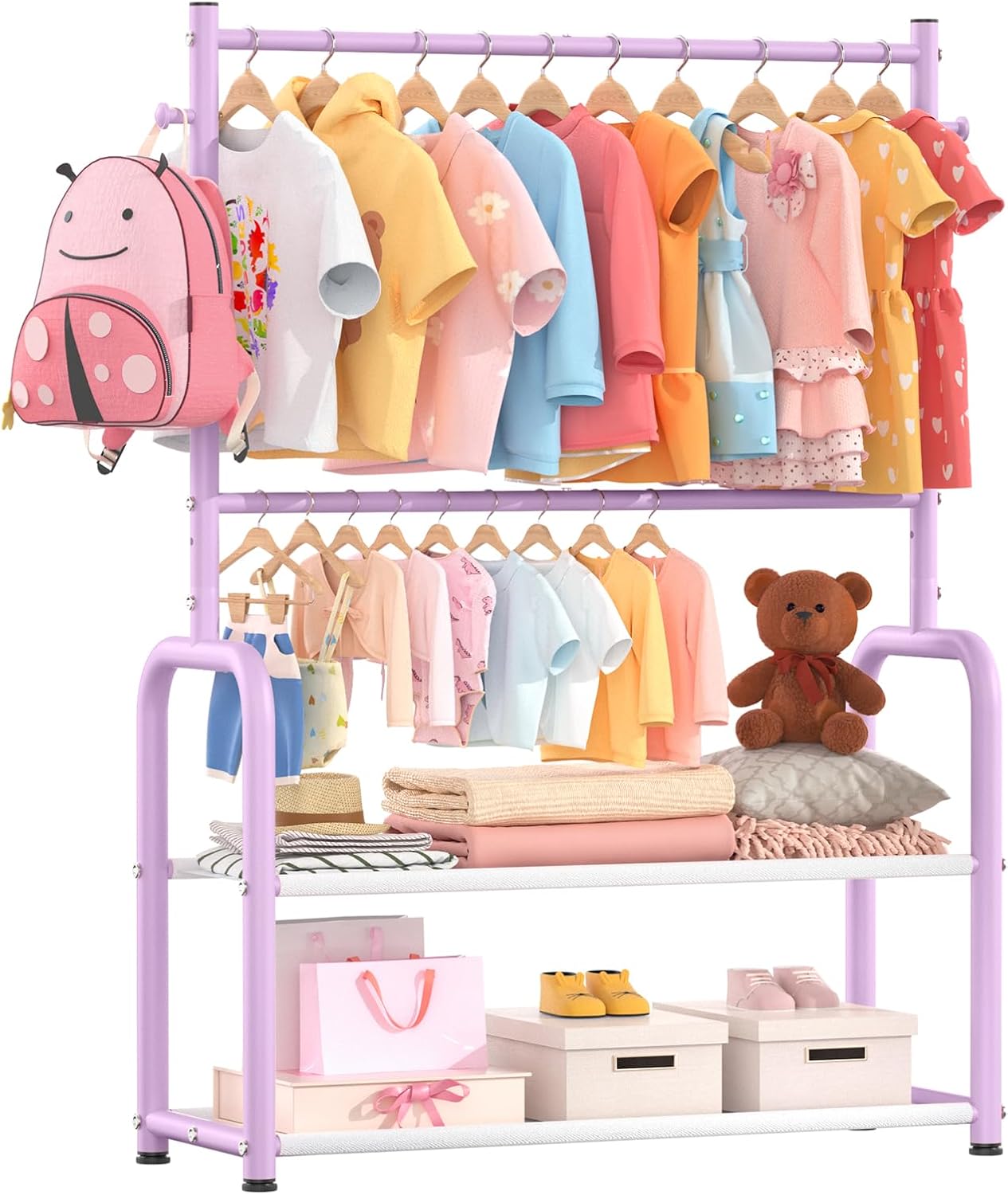 Kids Clothing Rack with 2-Layer Storage Shelf and 2 Adjustable Hanging Rods, Dress Up Rack for Hanging Clothes,Dress up Storage for Baby Toddle Kids(Classic, White)
