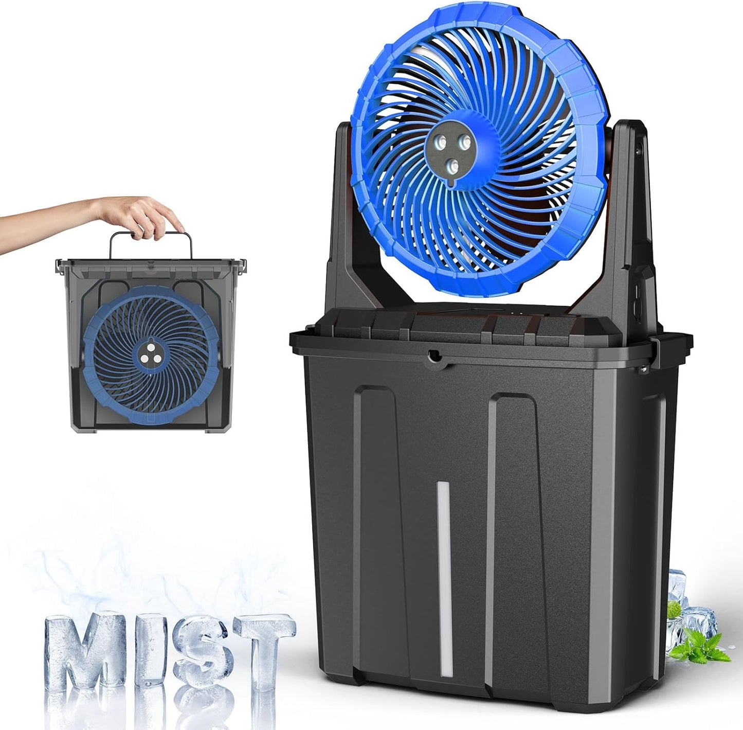 Ausic 9L Bucket Portable Misting Fan for Outdoors Patios - 10IN, 20000mAh Rechargeable Battery Operated Camping Fan, 3 Strong Winds, 3 Large Spray Outlets, for Fishing/Travel/Garden/Golf/Tent/Office