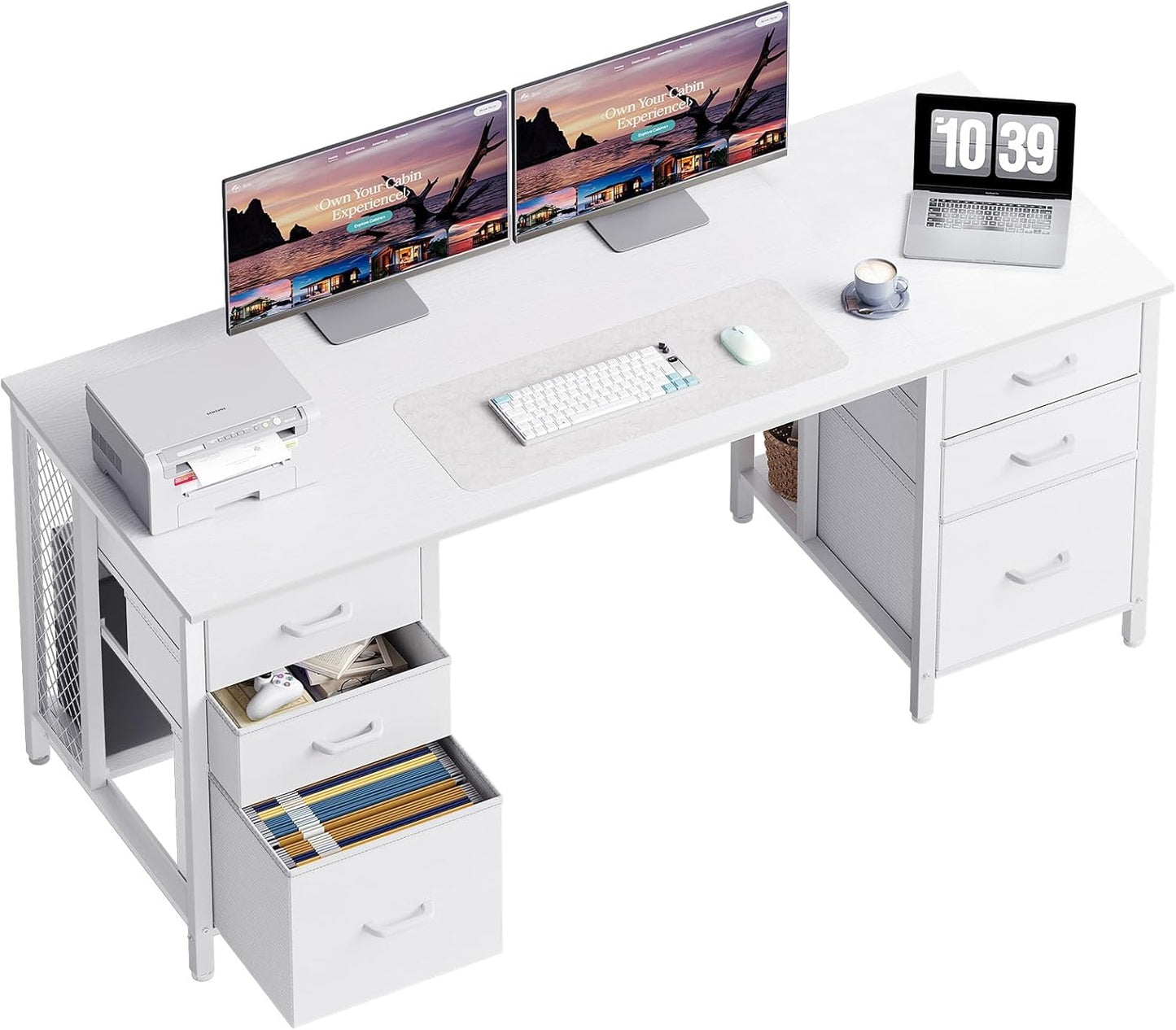 ODK 48 Inch White Computer Desk with 8 Fabric Drawers, Modern Office Desk with Large Storage for Home Office, Study, Gaming, White