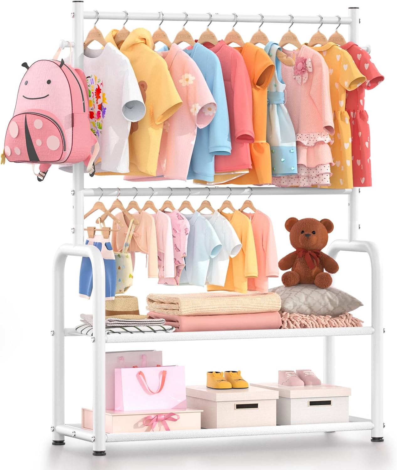 Kids Clothing Rack with 2-Layer Storage Shelf and 2 Adjustable Hanging Rods, Dress Up Rack for Hanging Clothes,Dress up Storage for Baby Toddle Kids(Classic, Pink)