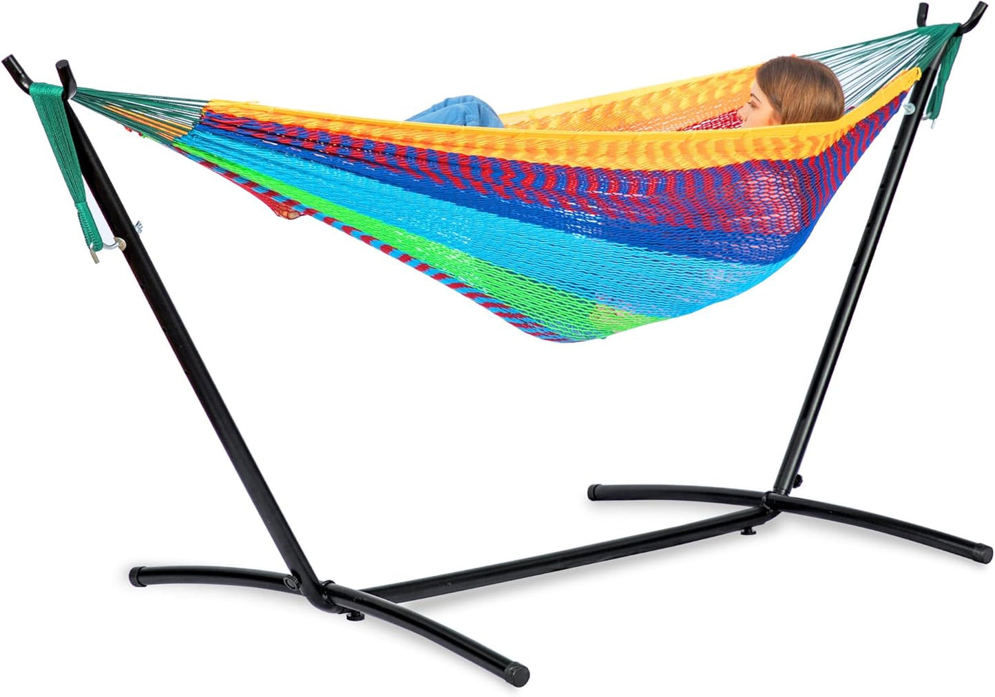 PNAEUT Double Hammocks with Stand for Outside, Portable Space Saving Heavy-Duty Steel Frame for Indoor Outdoor Patio Yard, Easy Assembly, 2 Person 450 lbs Capacity (Coffee)
