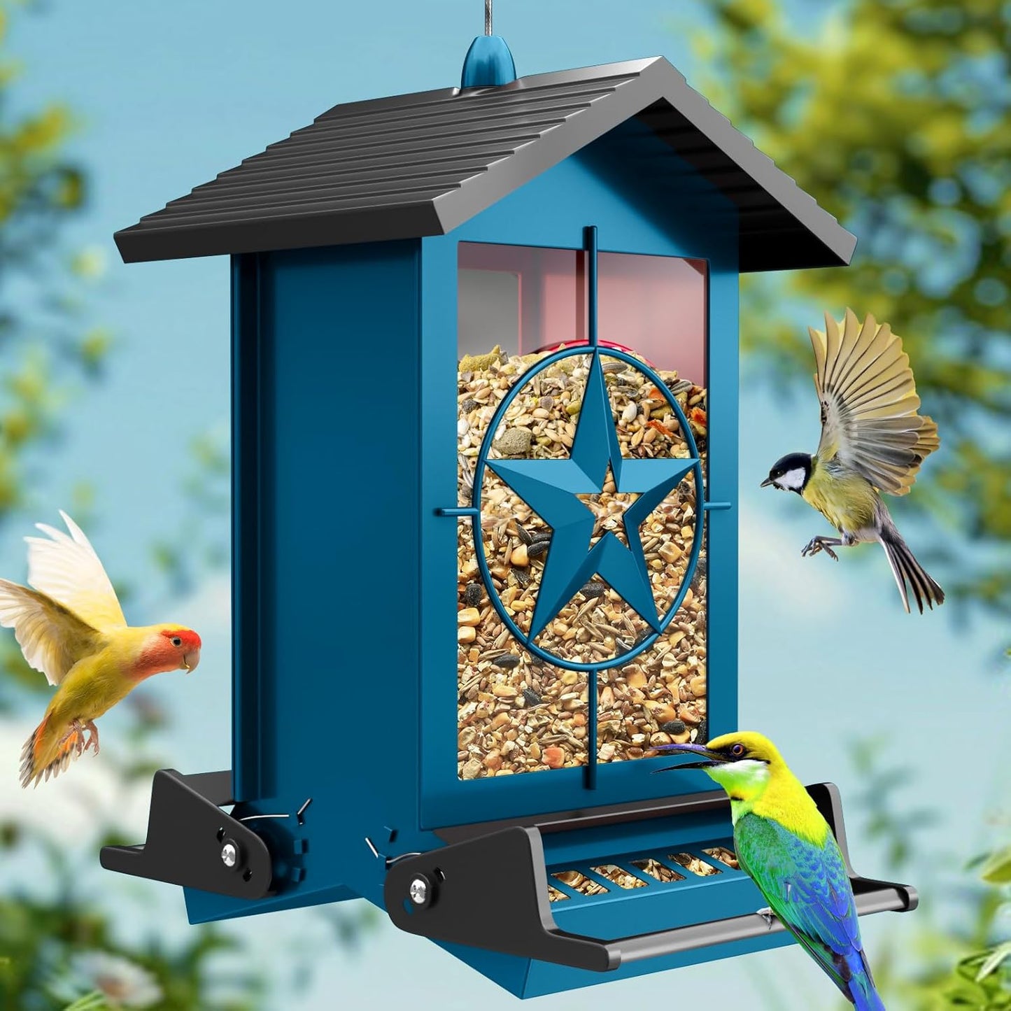 Squirrel Proof Bird Feeders for Outdoors With Weight-Activated, Metal 5LB Large Wild Bird Feeders for Cardinals,Blue jay,Finch, Weatherproof Durable Hanging Bird Feeder for Backyard,Garden,Patio - Red