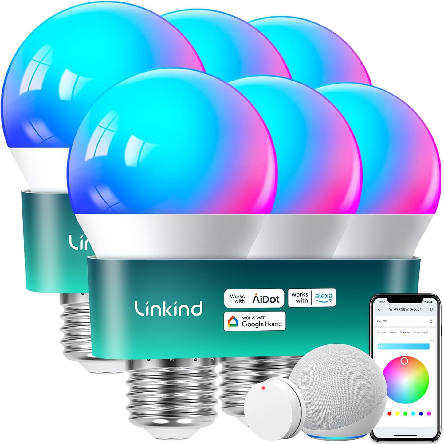 Linkind Smart Light Bulbs, Smart Bulb That Work with Alexa & Google Home, LED Light Bulbs Color Changing, 104 Preset Scene, Music Sync, A19 E26 2.4GHz RGBTW WiFi Bluetooth Light Bulb 60W, 800LM, 4Pack