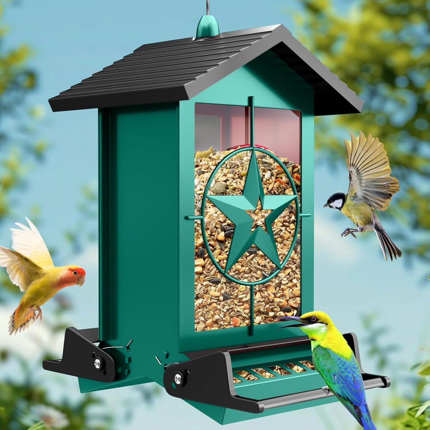 Squirrel Proof Bird Feeders for Outdoors With Weight-Activated, Metal 5LB Large Wild Bird Feeders for Cardinals,Blue jay,Finch, Weatherproof Durable Hanging Bird Feeder for Backyard,Garden,Patio - Red