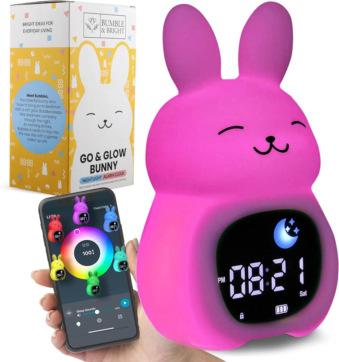 Bumble & Bright Kids Sleep Trainer with App Control - OK to Wake Clock for Kids Ages 4+, Color-Changing Night Light, Alarm & Sound Machine, Simple 1-Routine Setup, Free App, USB-C