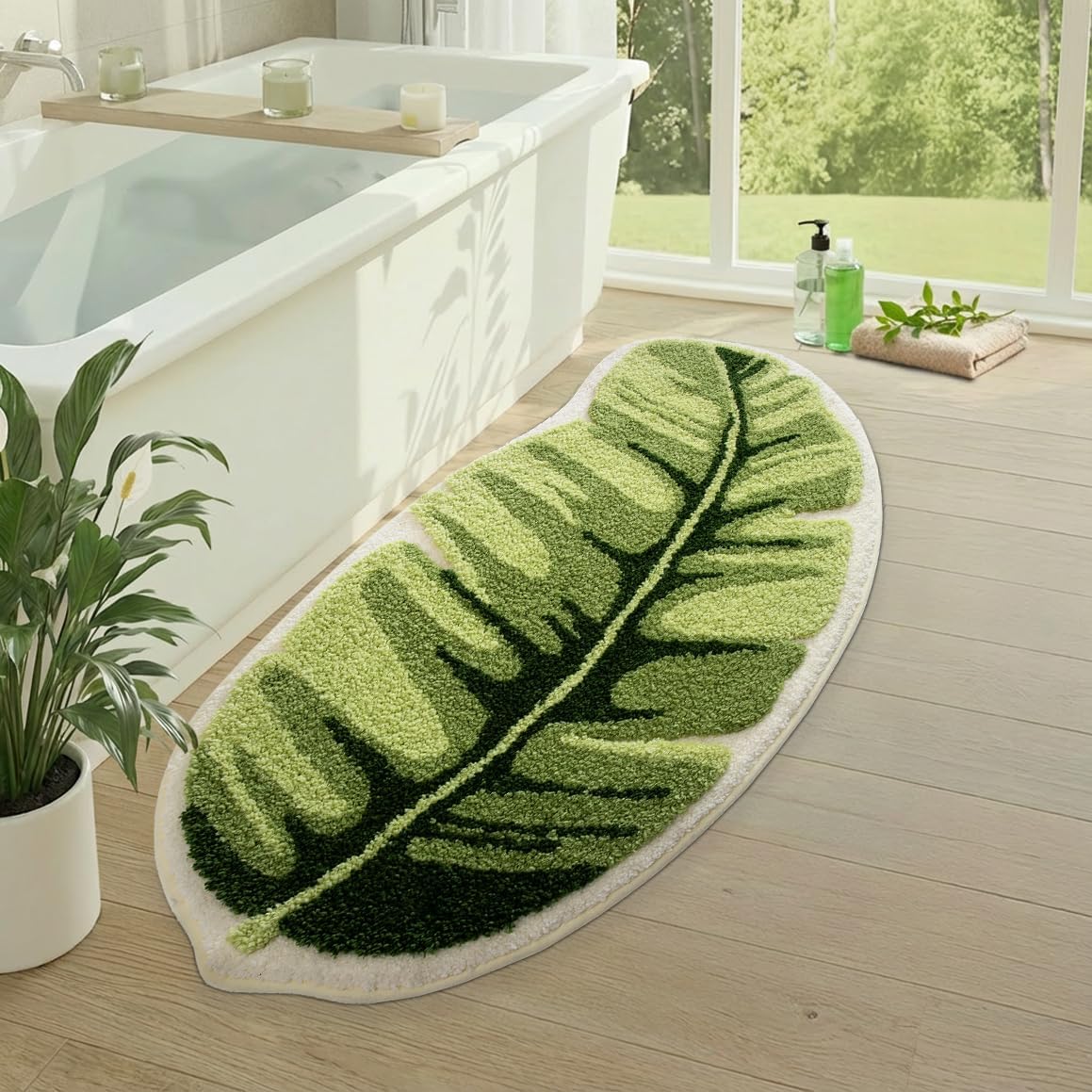 LUMI Cute Bathroom Rugs with Green Leaf Plant, Soft, Fluffy, Plush, Absorbent, Quick Dry, Non Slip, Machine Washable for Shower Floor, Bathroom, Bedroom, Kids Room, 31.5"x47", Monstera