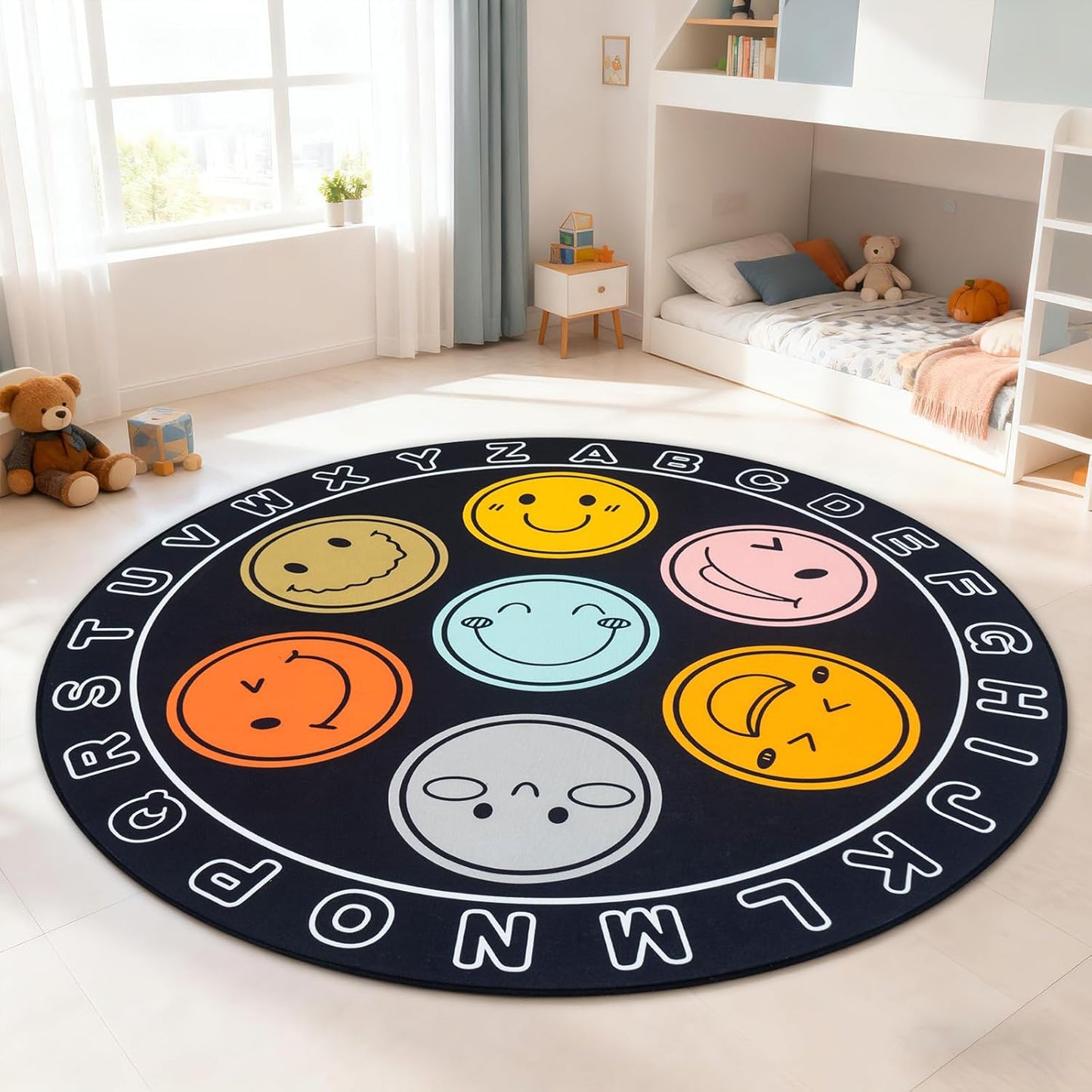 Large Classroom Rugs, ABC Alphabet Educational Area Rug for Kids,6ft Non-Slip Circle Abstract Carpet for Girls and Boys Bedroom,Carpet for Elementary Classroom,Play Rug 7 Seats,Nursery Rugs Washable