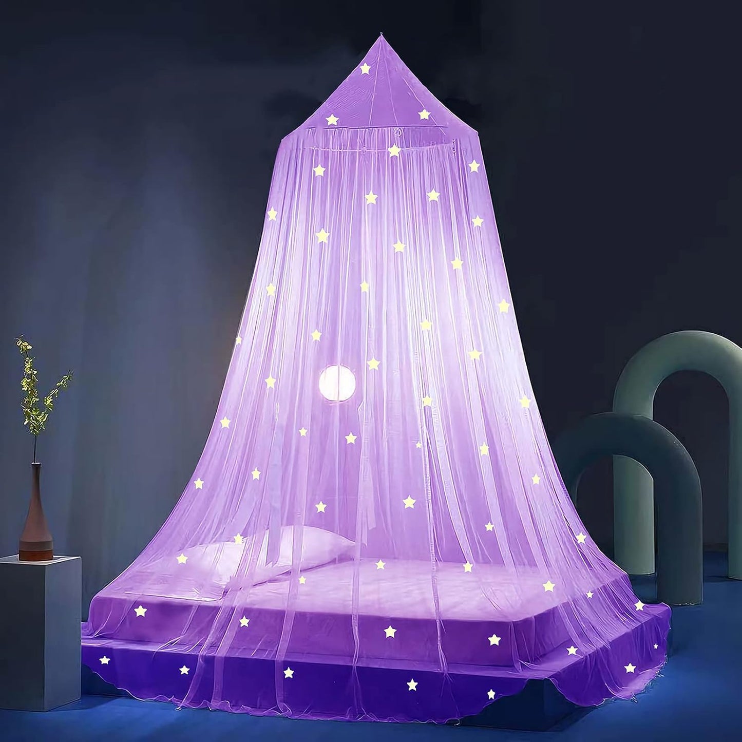 Eimilaly Bed Canopy for Girls Mosquito Net, Princess Bed Canopy for Girls Room Decor - Insect Protection Hanging Canopy for Indoor(Pink,Stars Glow in the Dark)