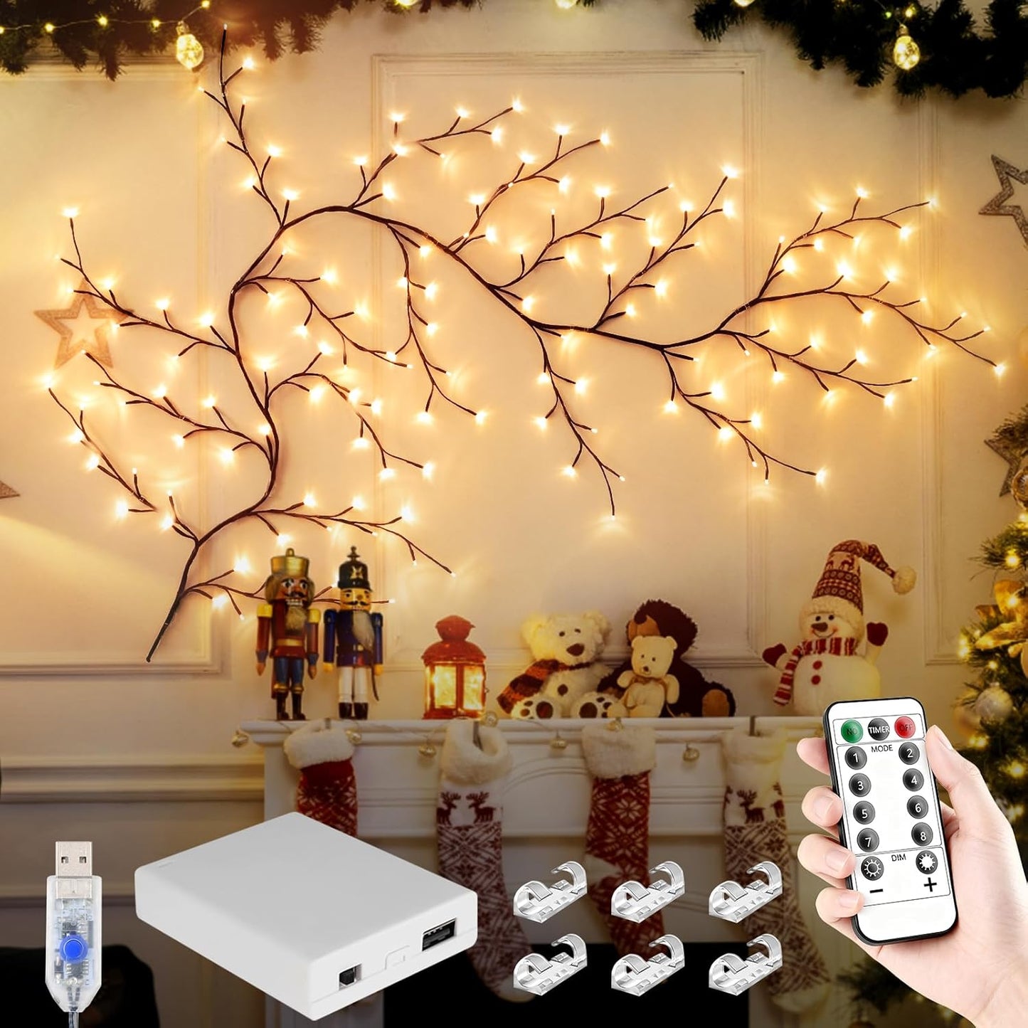 Cherry Enchanted Willow Vine Lights, 4FT 48LED Pink Cherry Blossom Tree Branch Lights for Wall, Remote Timer,8 Light Model,Bedroom Wall Doors Wedding, Christmas, USB Battery Box