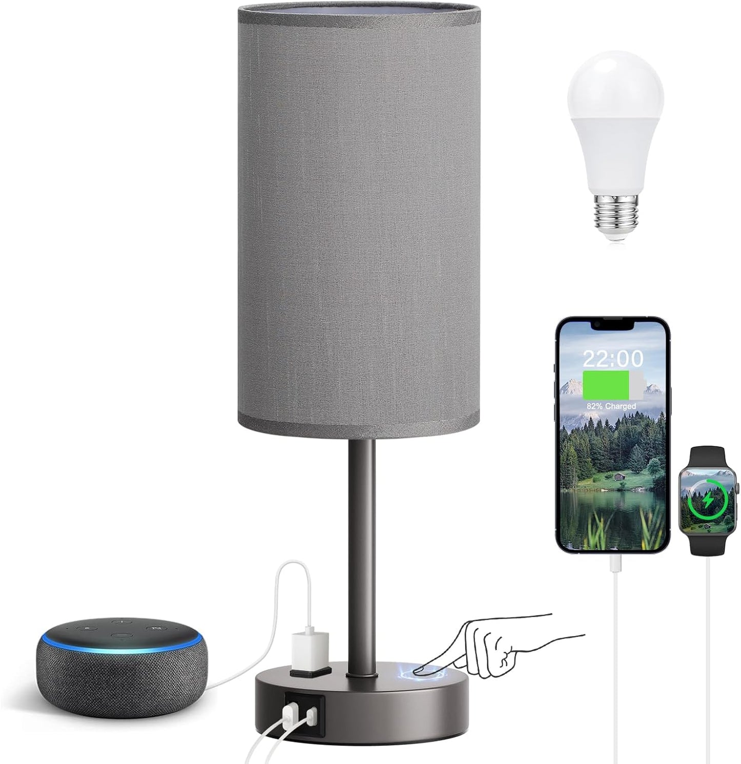 Fenmzee Bedside Table Lamp for Bedroom - 3 Way Dimmable Touch Lamp USB C Charging Ports and AC Outlet, Small Lamp Wood Base Round Flaxen Fabric Shade for Living Room, Desk, LED Bulb Included
