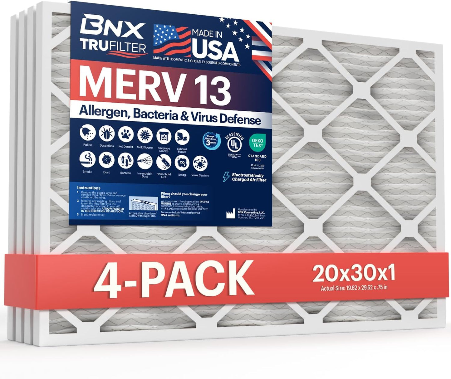 BNX TruFilter 20x20x1 MERV 13 (4-Pack) AC Furnace Air Filter - MADE IN USA - Electrostatic Pleated Air Conditioner HVAC AC Furnace Filters - Removes Pollen, Mold, Bacteria, Smoke