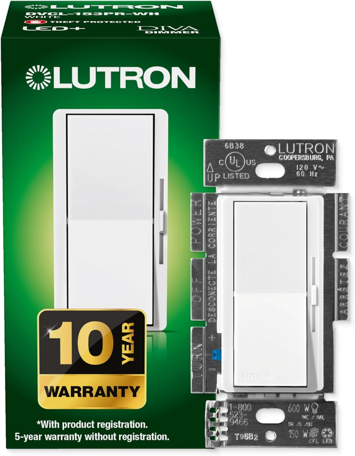 Lutron Diva LED+ Dimmer Light Switch for Dimmable LED, Halogen, and Incandescent Bulbs, 150 Watt, Single-Pole or 3-Way, DVCL-153P-WH, White