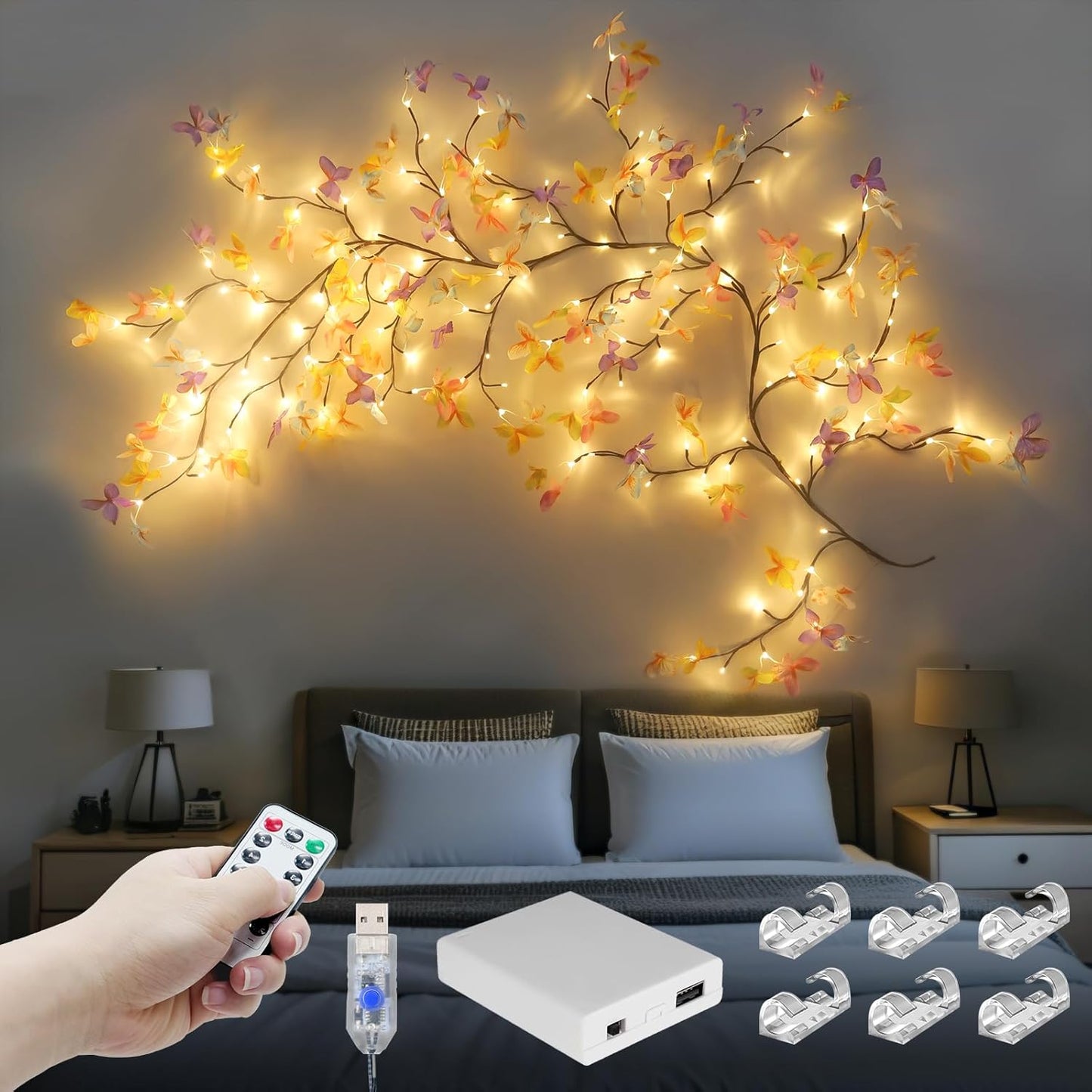 Cherry Enchanted Willow Vine Lights, 4FT 48LED Pink Cherry Blossom Tree Branch Lights for Wall, Remote Timer,8 Light Model,Bedroom Wall Doors Wedding, Christmas, USB Battery Box