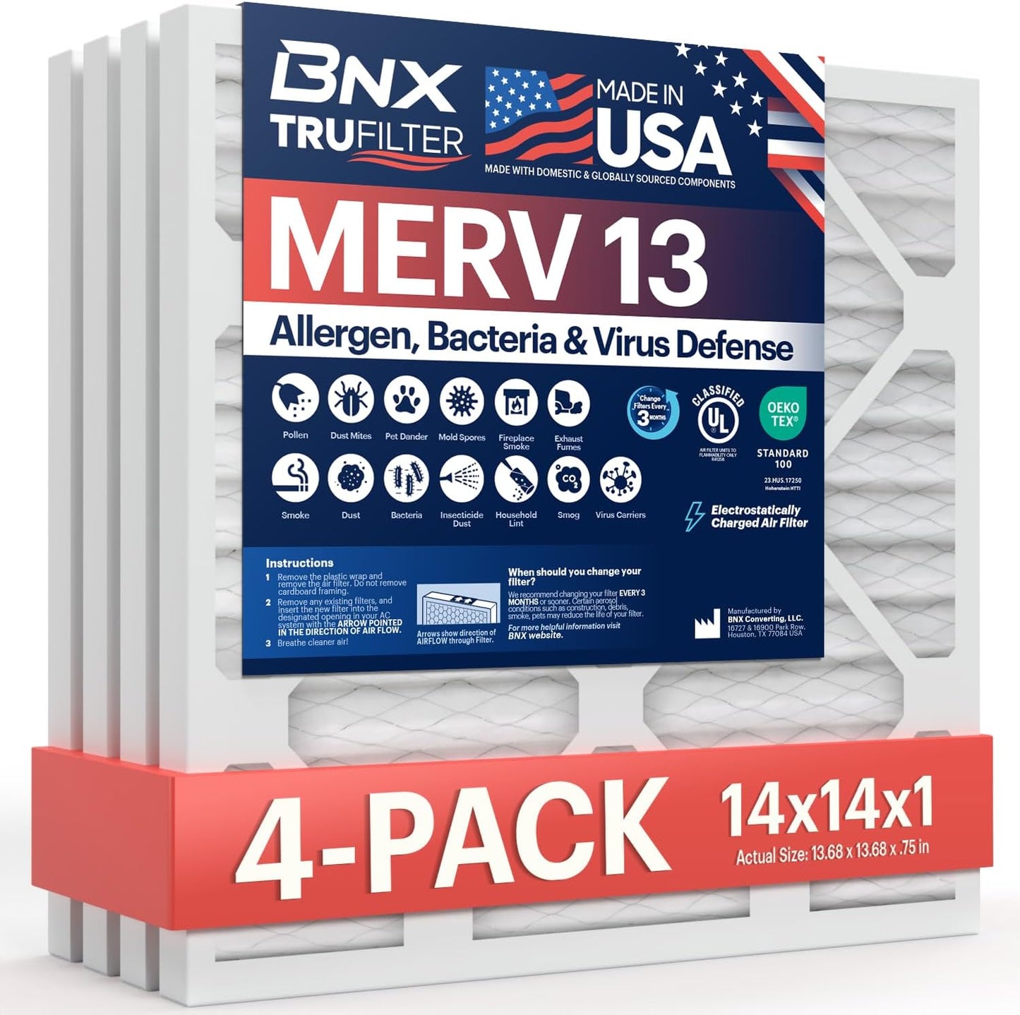 BNX TruFilter 20x20x1 MERV 13 (4-Pack) AC Furnace Air Filter - MADE IN USA - Electrostatic Pleated Air Conditioner HVAC AC Furnace Filters - Removes Pollen, Mold, Bacteria, Smoke