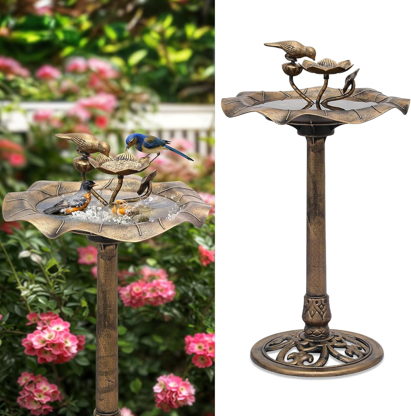 Athena Collection 37'' Height Bird Bath Vintage Pedestal Birdbath Electric Water Fountain with Recirculating Pump Polypropylene Floral Accents 3 Tier Birdbath for Outside, Patio, Garden, Green