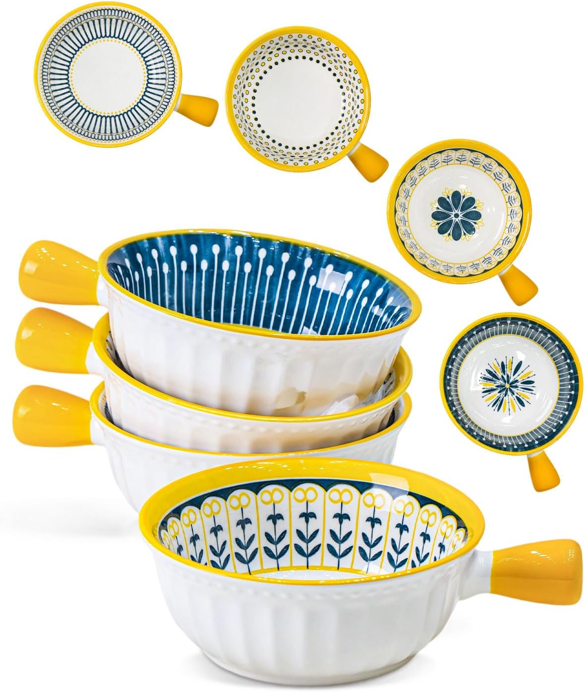 Yeacccng Bohemian Soup Bowls with Handles Set of 4, 20 Oz Indented Grooved Ceramic Bowls, 6.5 Inch French Onion Soup Bowls, Lead-Free, Scratch-Resistant, Oven/Microwave Safe