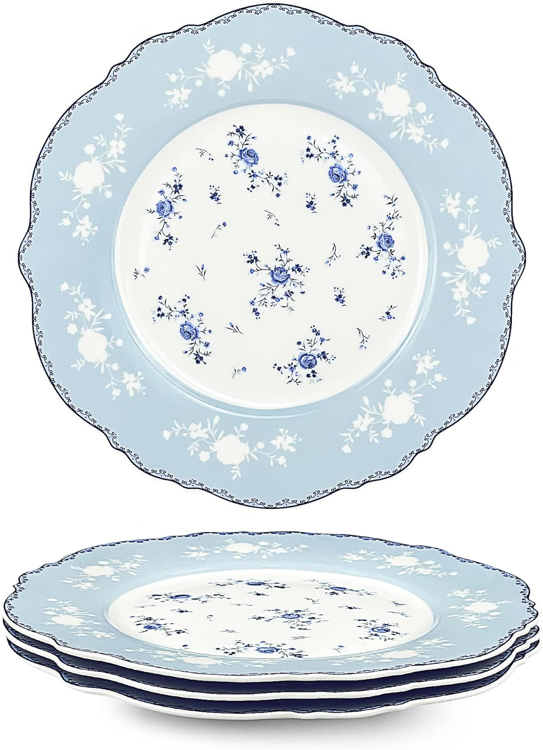 fanquare 8 Inch Porcelain Dessert Plates Set of 4, Lace Serving Bowls Set for Salad, Soup, Pasta, Snack, Blue Roses
