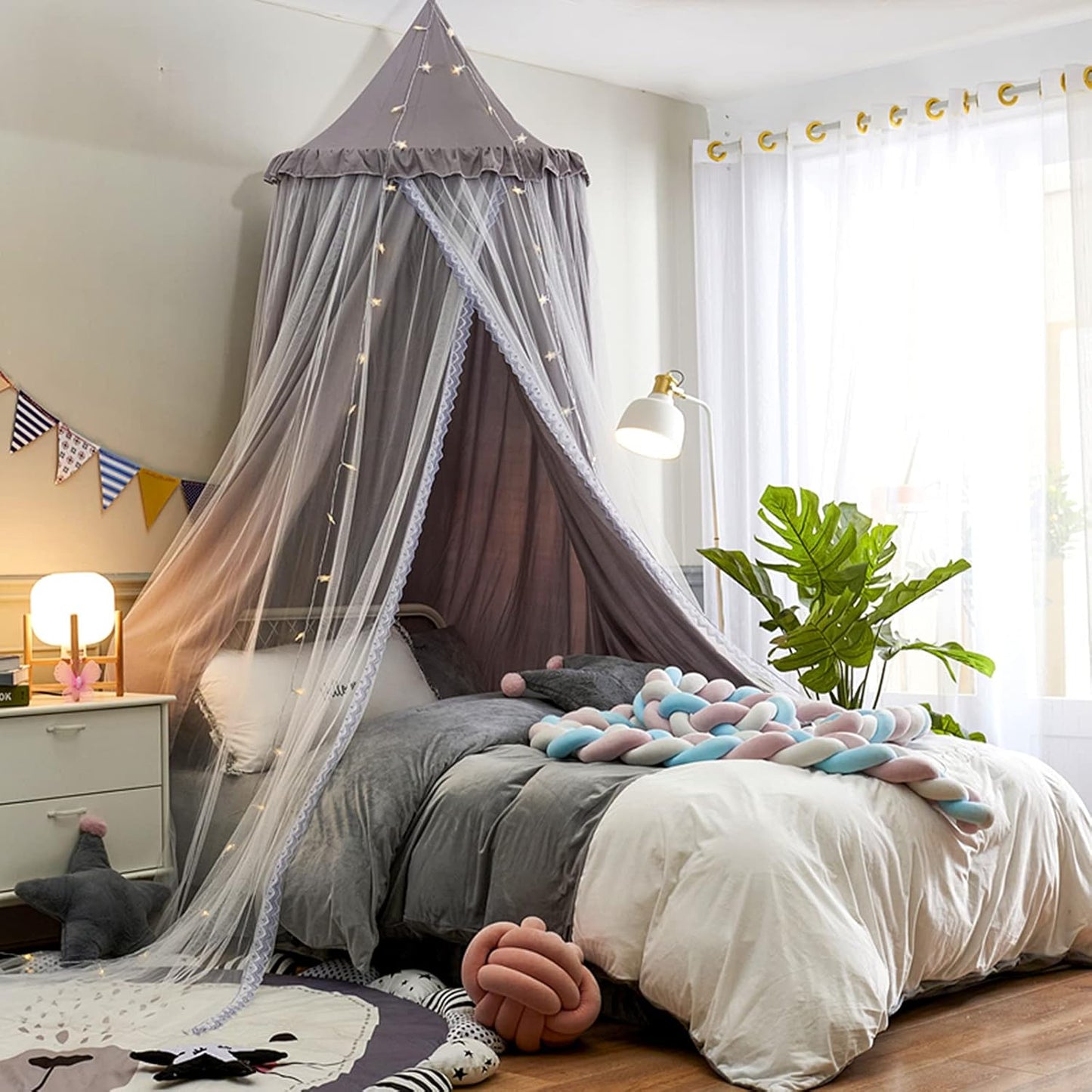 VETHIN Bed Canopy for Girls,Princess Round Dome Dreamy Mosquito Net Bedding Girls Room Castle Play Tent Hanging House Decor Reading Nook Canopies (JujubeRed)
