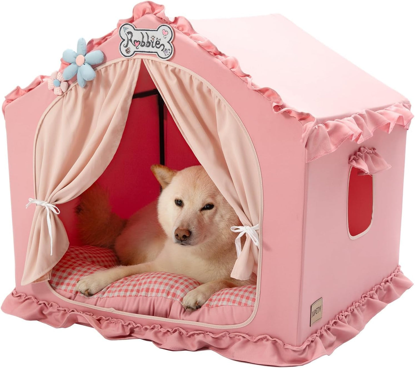 Jiupety Indoor Dog House with Frame, Cute Dog Tent Bed with Cover Cave, Breathable, Washable, and Foldable House, Suitable for 10-20 Lb Puppy and Cats, Medium (17"×17"×17"), Pink
