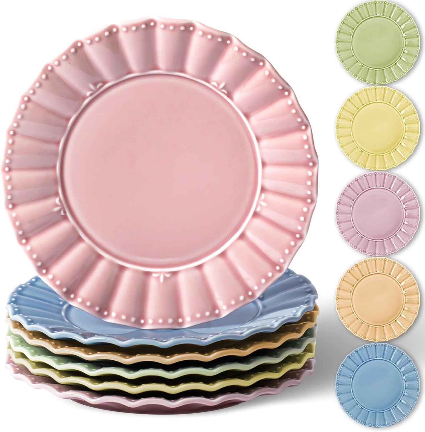 HOMBENE Dessert Plates 8 Inches Set for 6 Ceramic Serving Plates, Plates for Cake Waffles,Wavy Style, Snacks, Pasta, Noodle,Dinner, Microwave & Dishwasher Safe (Mint Glow Green)