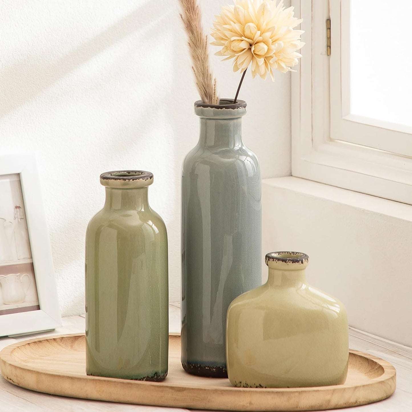 Modern Ceramic Vase Set of 3, 8 inch Simple Geometric Lines Vase for Pampas Grass Dried Fresh Flowers, Home Decor, Bedroom, Living Room, Bookshelf Decoration, Neutral Minimalist Nordic Style