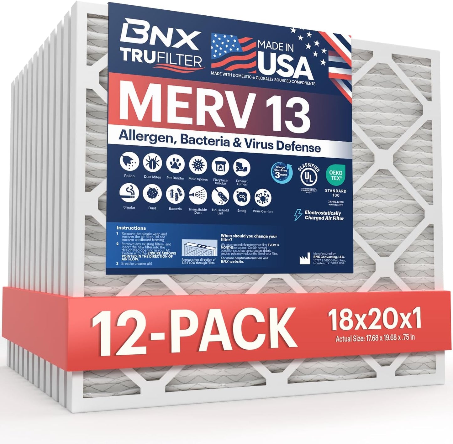 BNX TruFilter 20x20x1 MERV 13 (4-Pack) AC Furnace Air Filter - MADE IN USA - Electrostatic Pleated Air Conditioner HVAC AC Furnace Filters - Removes Pollen, Mold, Bacteria, Smoke