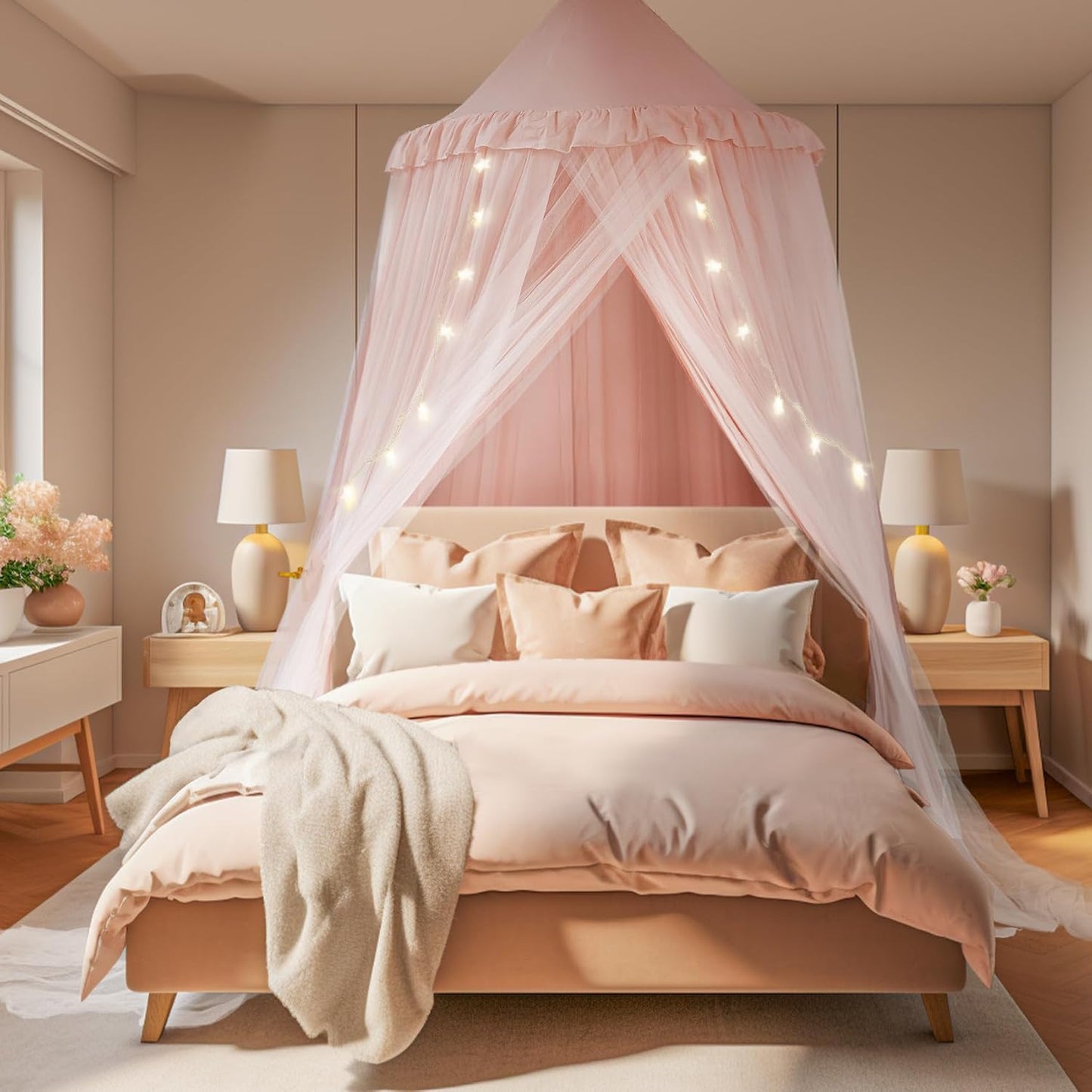 little dove Bed Canopy with Star Lights, Double Layer Canopy for Bed, Princess Play Tent for Girls Room, Breathable Bed Curtain for Children Reading Nook, Machine Washable, 25.6''x106'', Pink