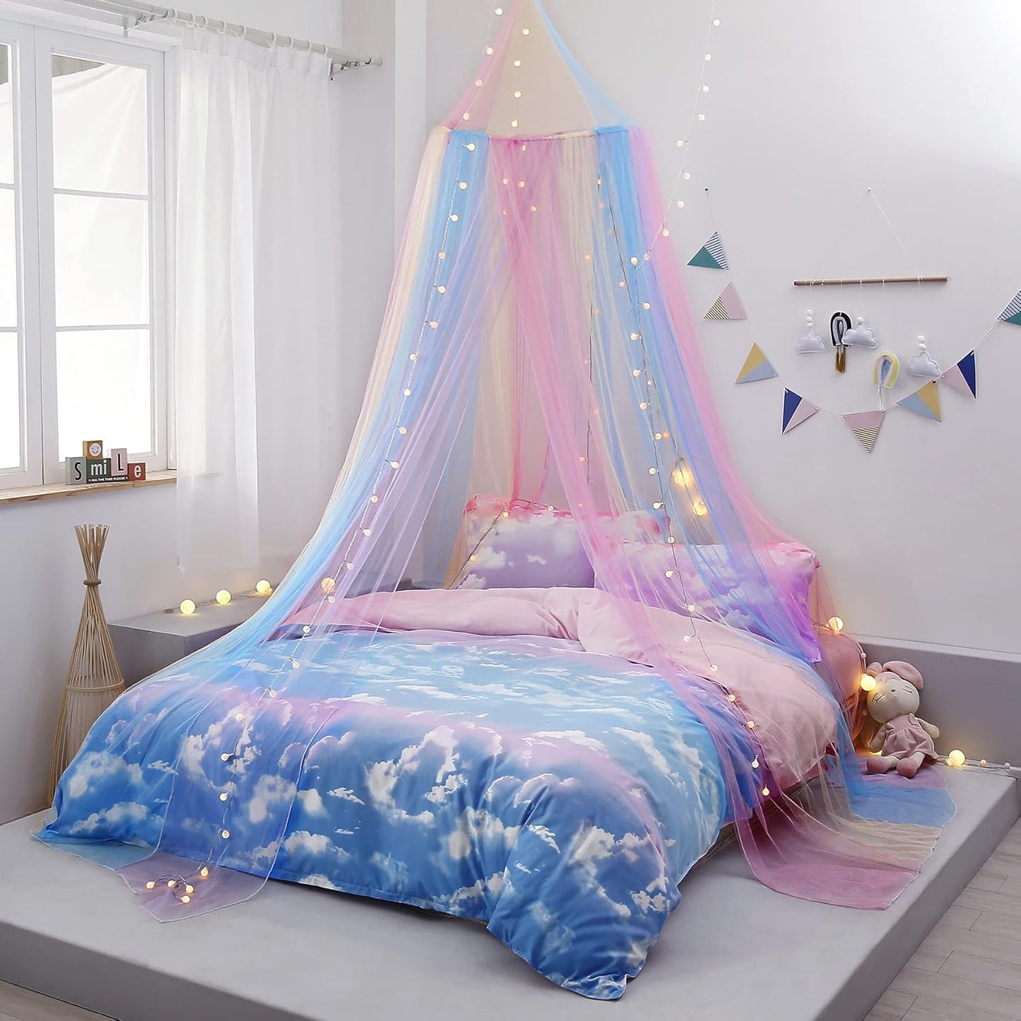 Bed Canopy with Lights for Girls,Gold Star Princess Crib Canopy Curtains,Extra Large Dome Mosquito Net Reading Nook Canopy for Kids Boys Twin Full Queen Size Bed,Fire Retardant Fabric