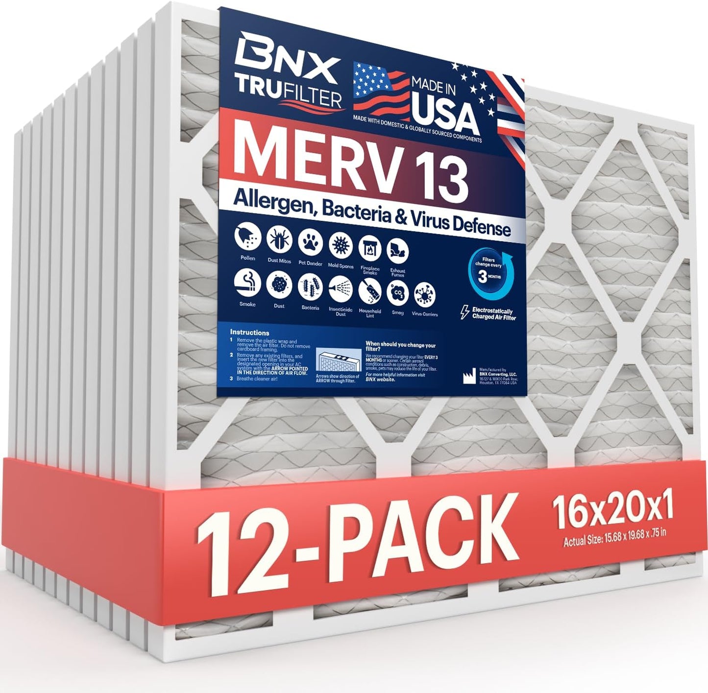 BNX TruFilter 20x20x1 MERV 13 (4-Pack) AC Furnace Air Filter - MADE IN USA - Electrostatic Pleated Air Conditioner HVAC AC Furnace Filters - Removes Pollen, Mold, Bacteria, Smoke