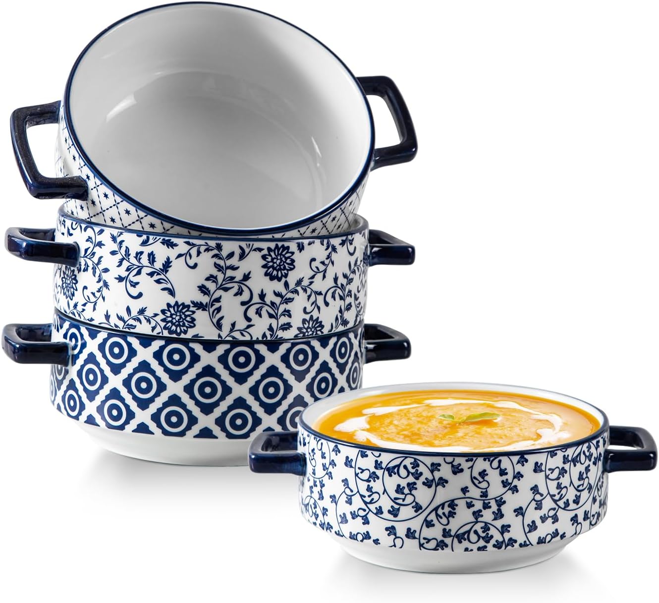 Soup Bowls with Handles - 24oz Ceramic French Onion Soup Crocks Serving Bowls for Pasta Cereal Beef Stew Pot Pies Casserole - Oven Microwave Dishwasher Safe - Set of 4, Blue