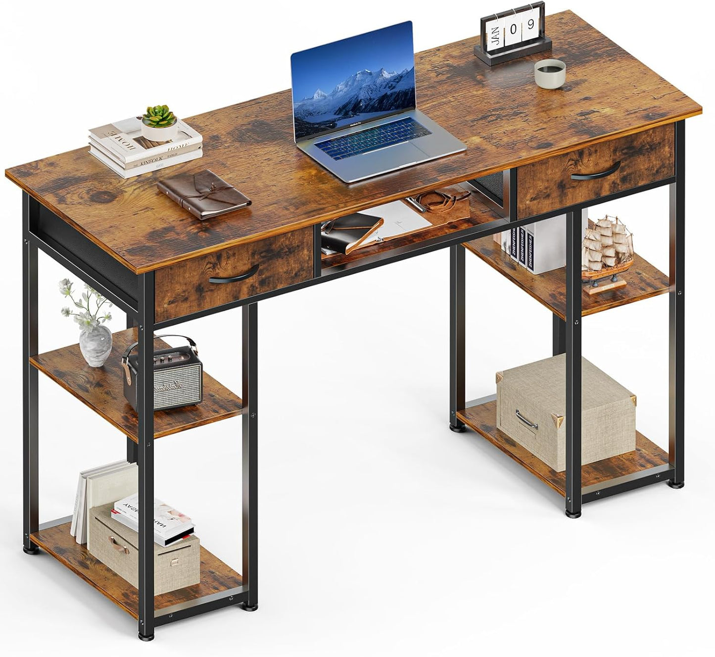 Sweetcrispy Computer Desk with Drawers, 47 Inch Home Office Bedroom Table with 4 Fabric Drawers & 2 Mesh Storage Shelves, Wood Table with X-Shaped Structure for Writing Study PC Desk, Brown